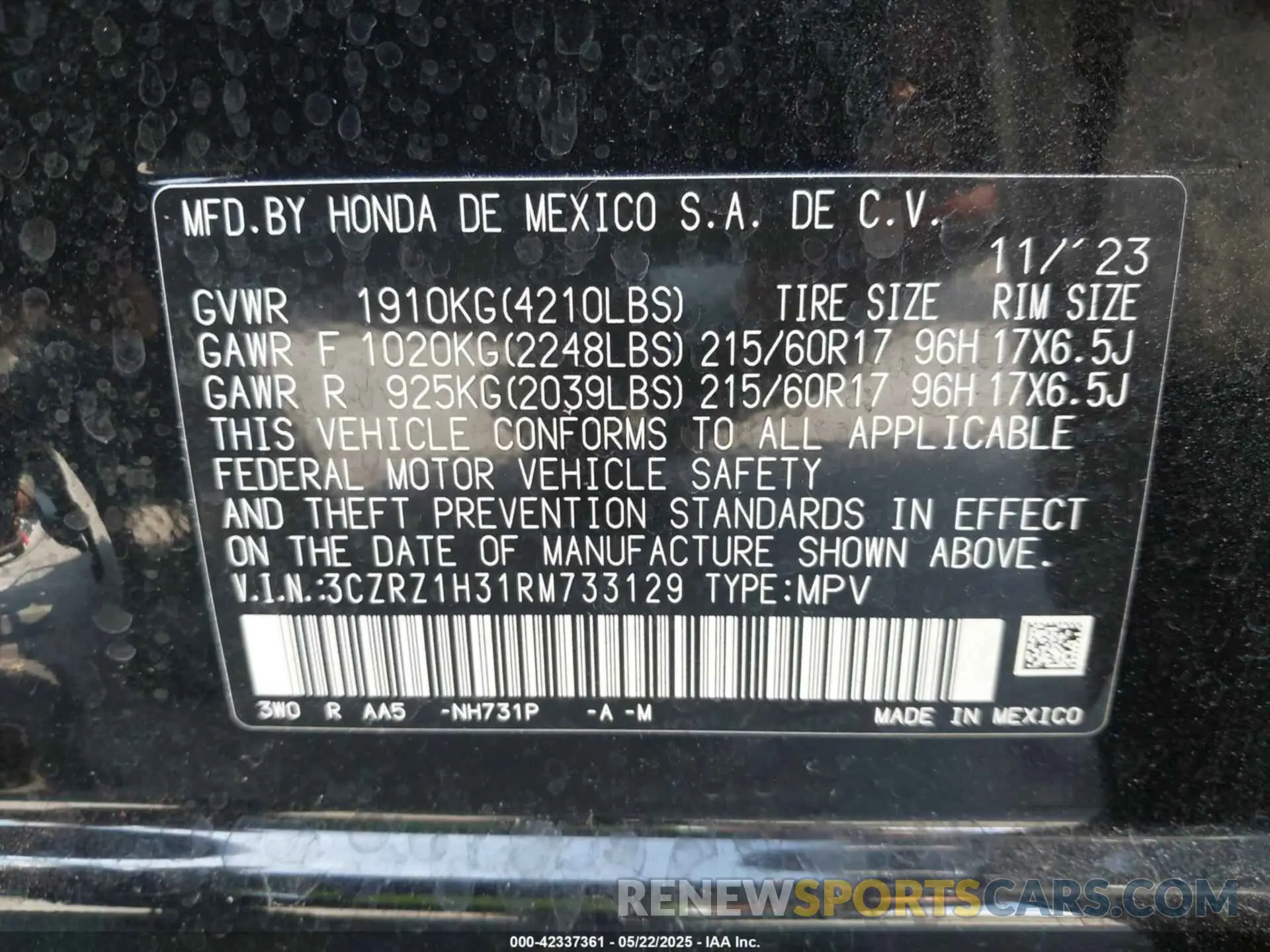 9 fotografías del automóvil dañado 3CZRZ1H31RM733129 HONDA HR-V 2024