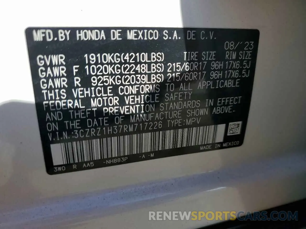 14 fotografías del automóvil dañado 3CZRZ1H37RM717226 HONDA HR-V 2024
