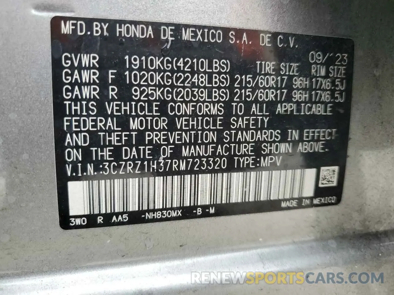 14 fotografías del automóvil dañado 3CZRZ1H37RM723320 HONDA HR-V 2024