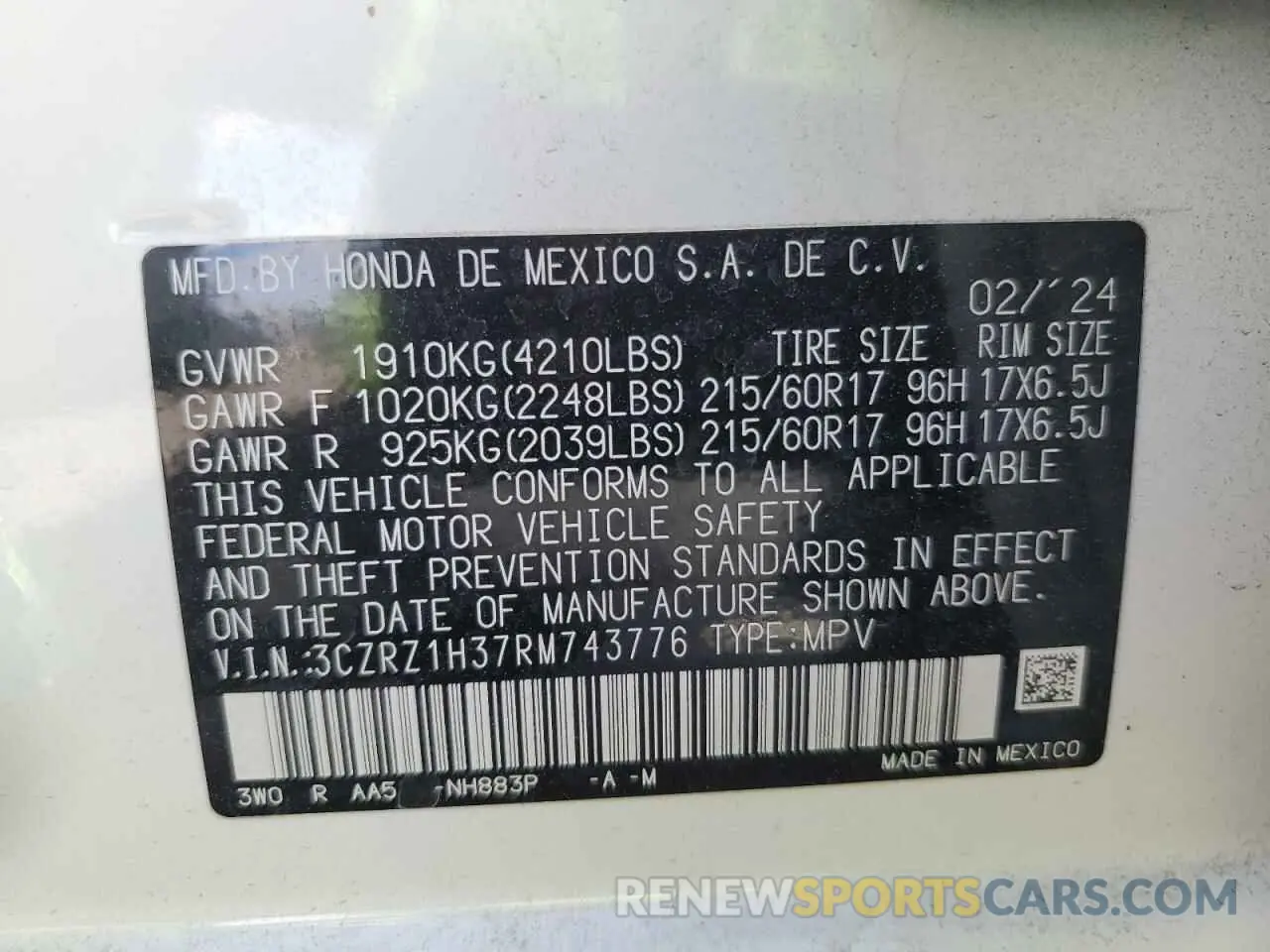 13 fotografías del automóvil dañado 3CZRZ1H37RM743776 HONDA HR-V 2024
