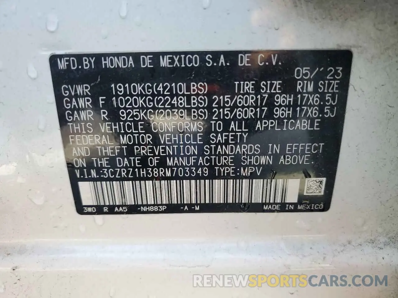 14 fotografías del automóvil dañado 3CZRZ1H38RM703349 HONDA HR-V 2024