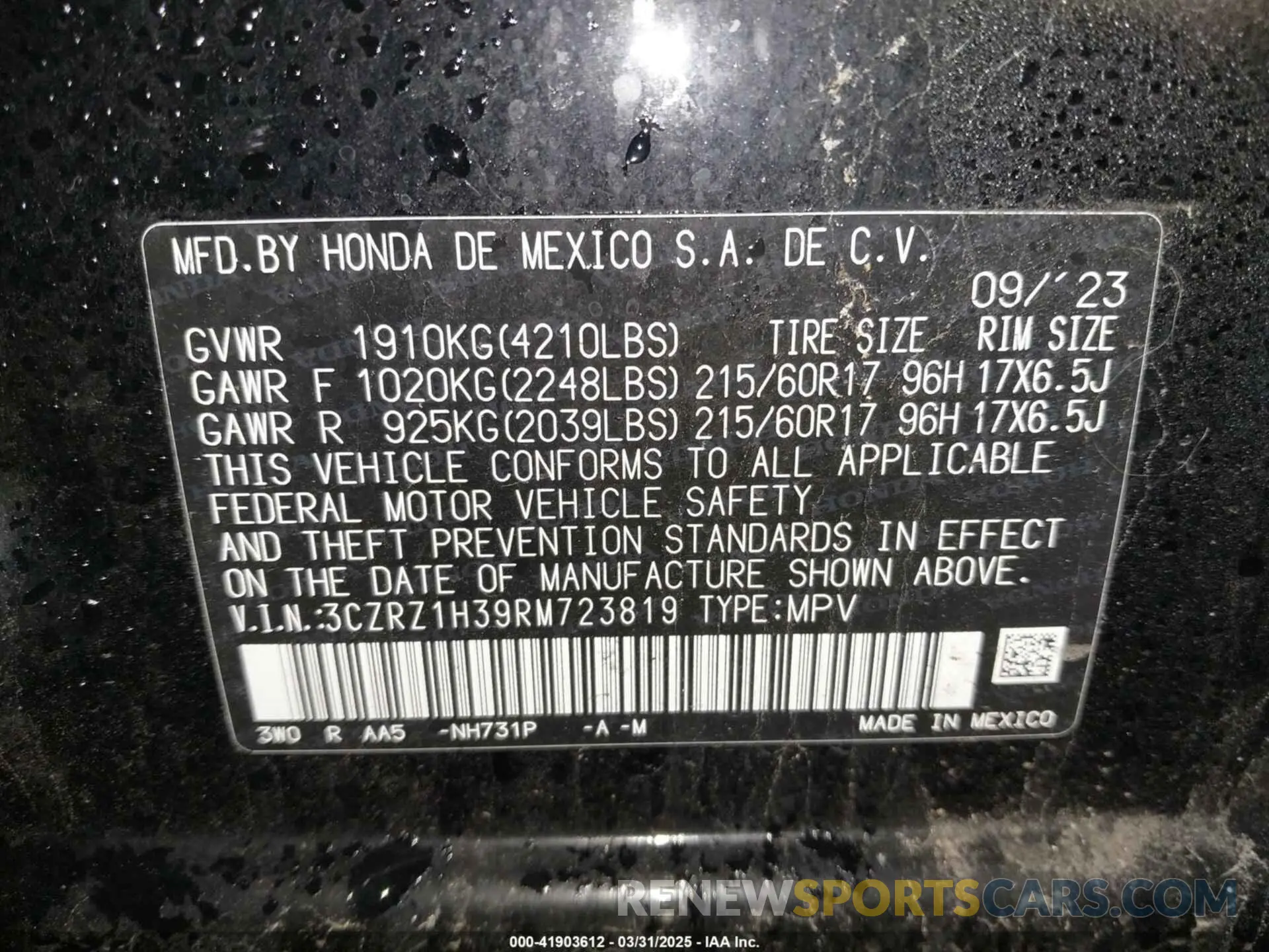 9 fotografías del automóvil dañado 3CZRZ1H39RM723819 HONDA HR-V 2024