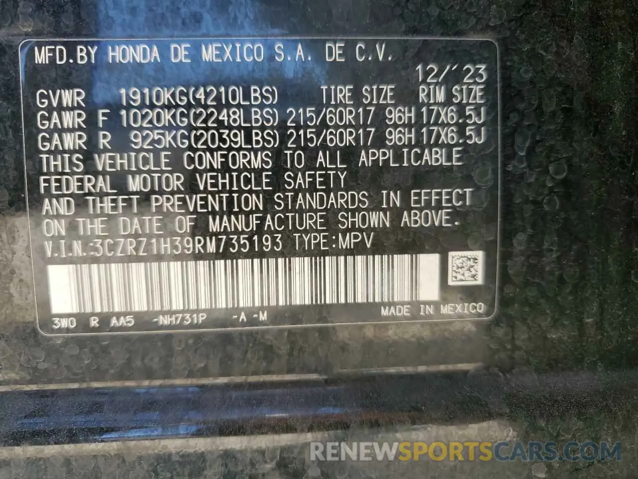 15 fotografías del automóvil dañado 3CZRZ1H39RM735193 HONDA HR-V 2024