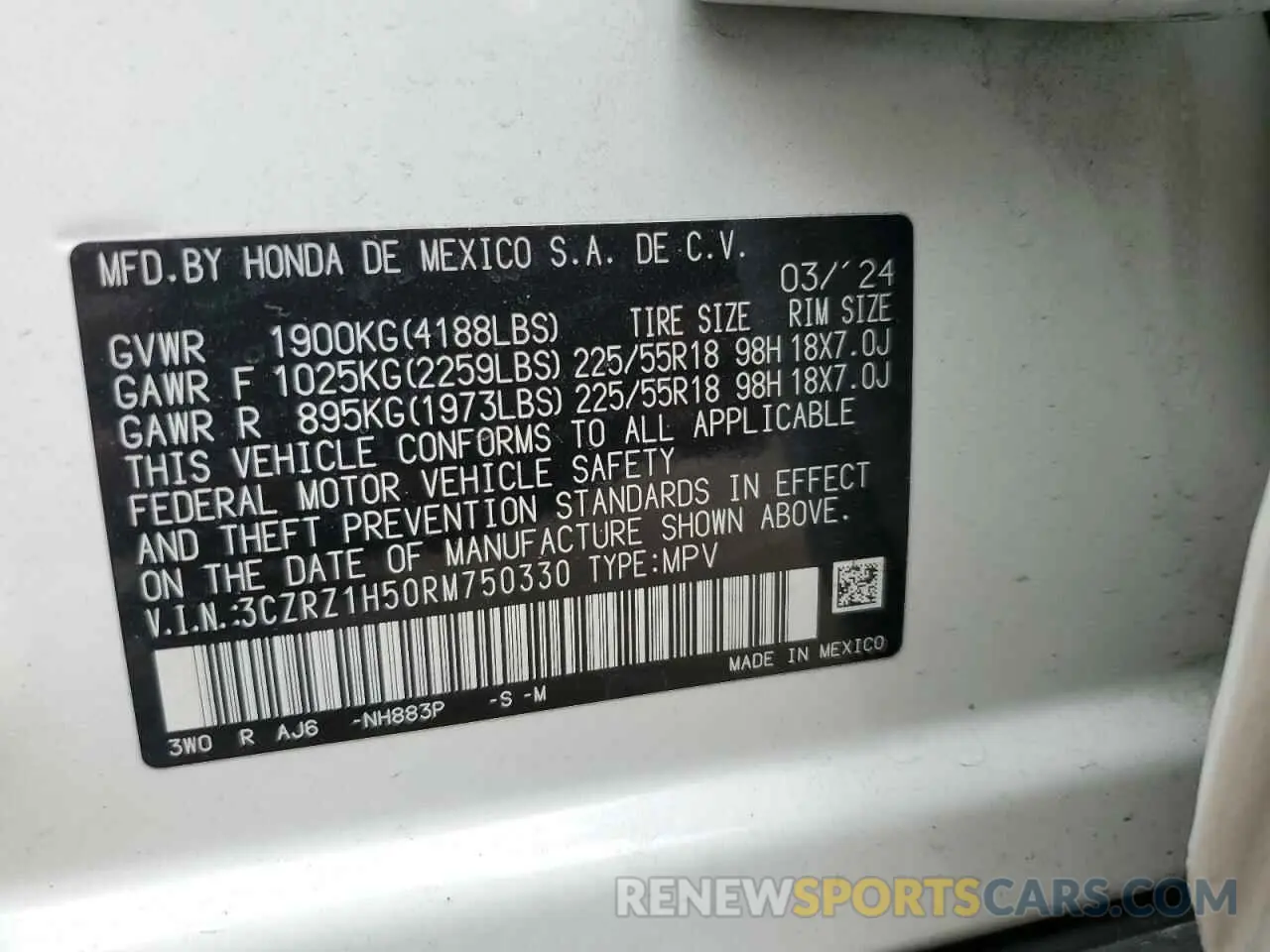 14 fotografías del automóvil dañado 3CZRZ1H50RM750330 HONDA HR-V 2024