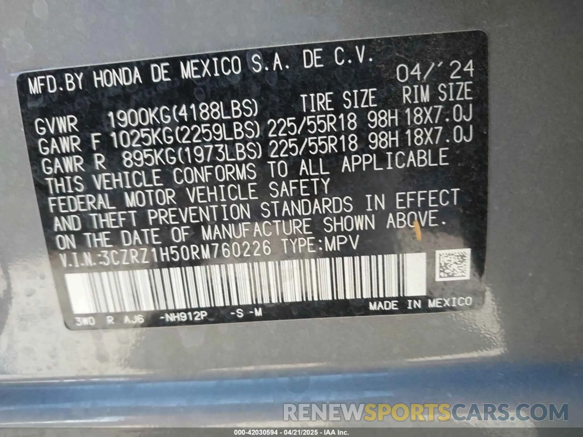 9 fotografías del automóvil dañado 3CZRZ1H50RM760226 HONDA HR-V 2024