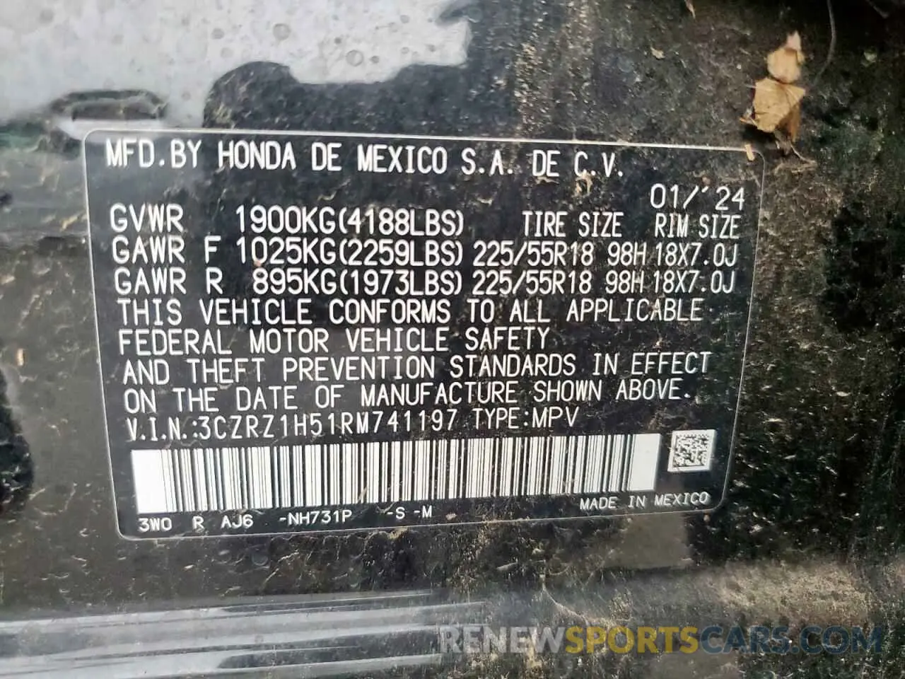 13 fotografías del automóvil dañado 3CZRZ1H51RM741197 HONDA HR-V 2024