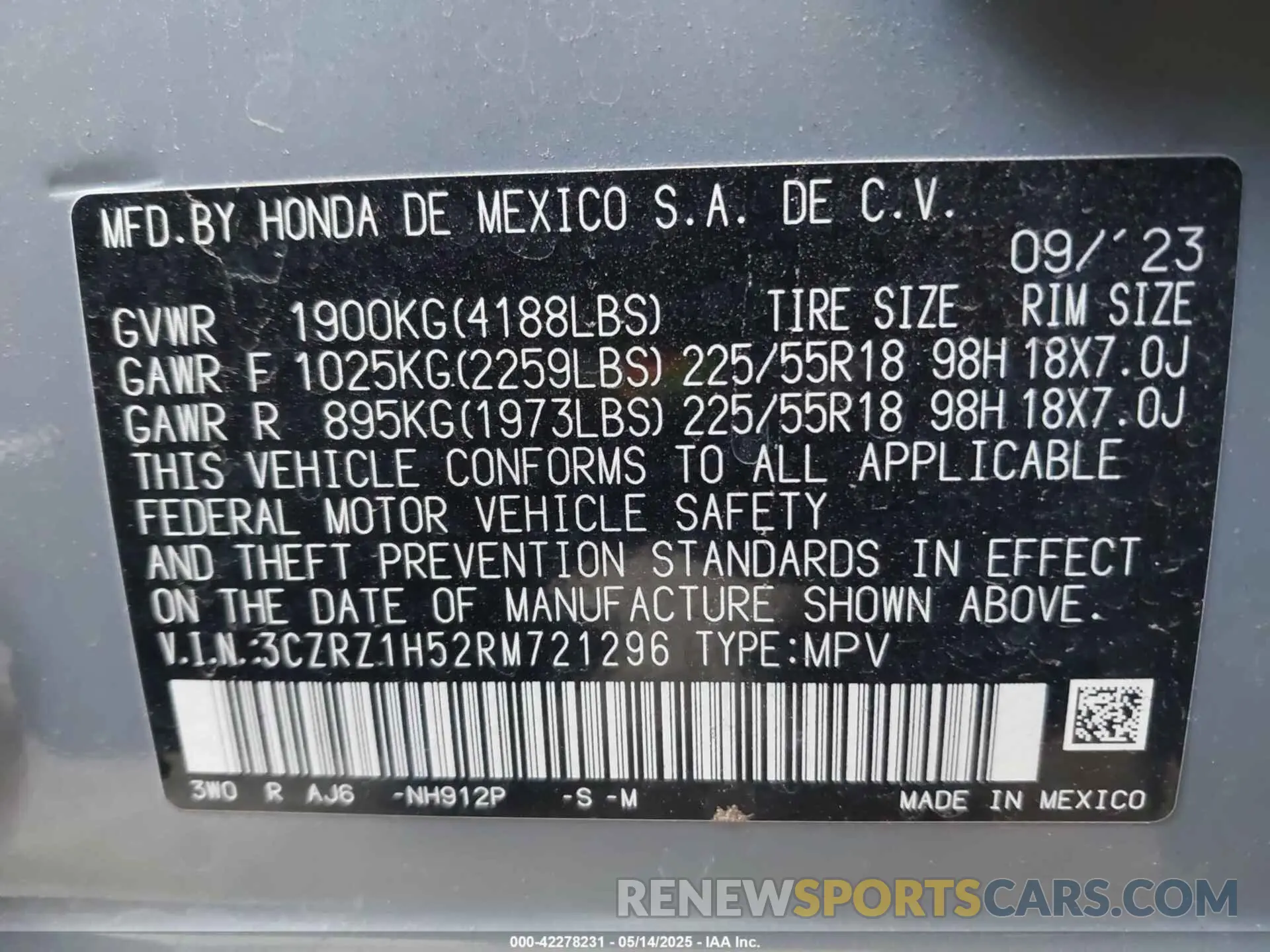 9 fotografías del automóvil dañado 3CZRZ1H52RM721296 HONDA HR-V 2024