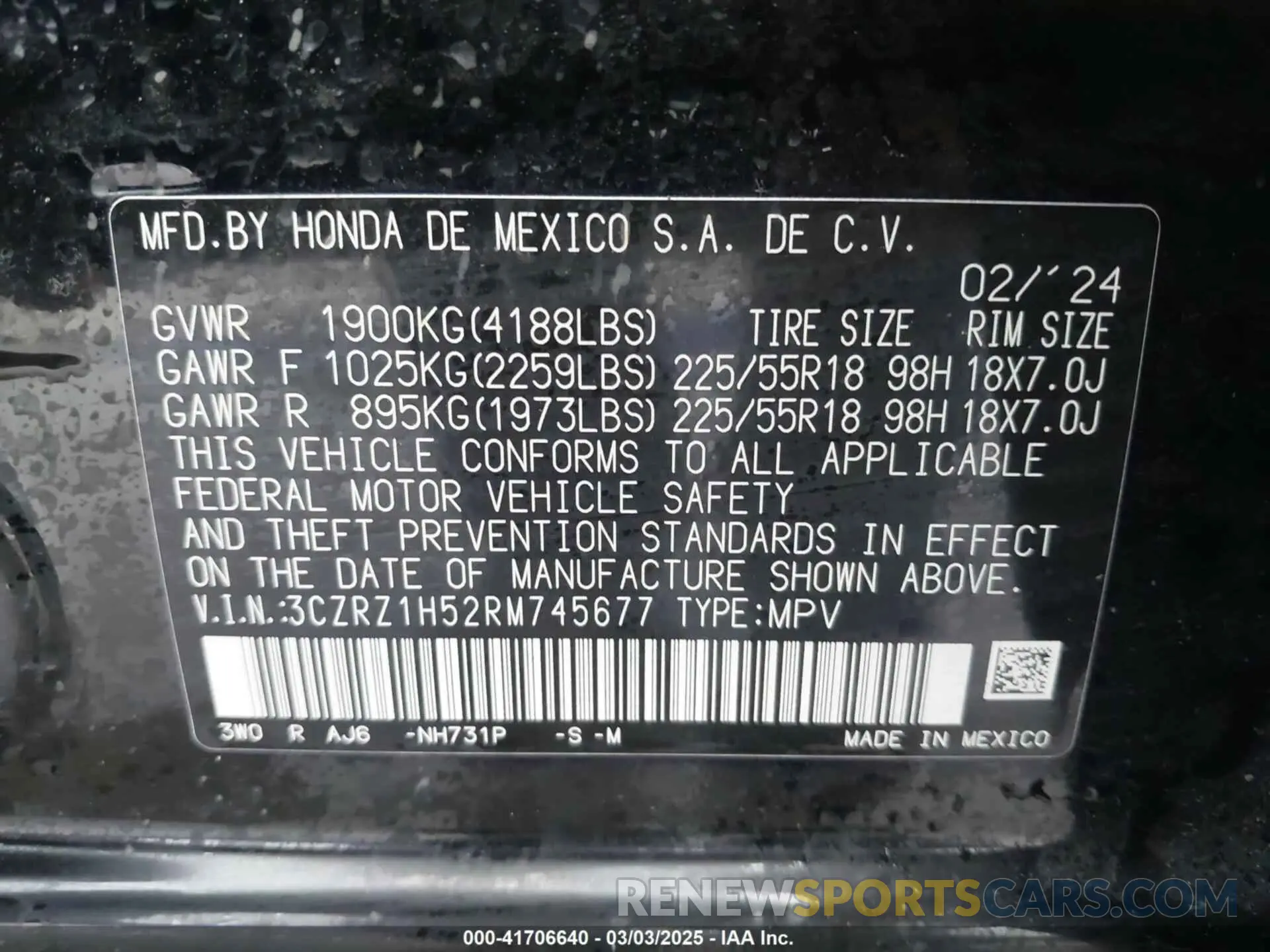 9 fotografías del automóvil dañado 3CZRZ1H52RM745677 HONDA HR-V 2024