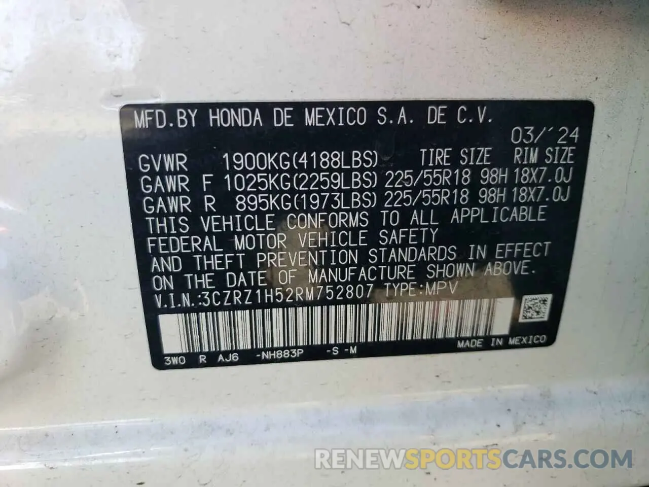 15 fotografías del automóvil dañado 3CZRZ1H52RM752807 HONDA HR-V 2024