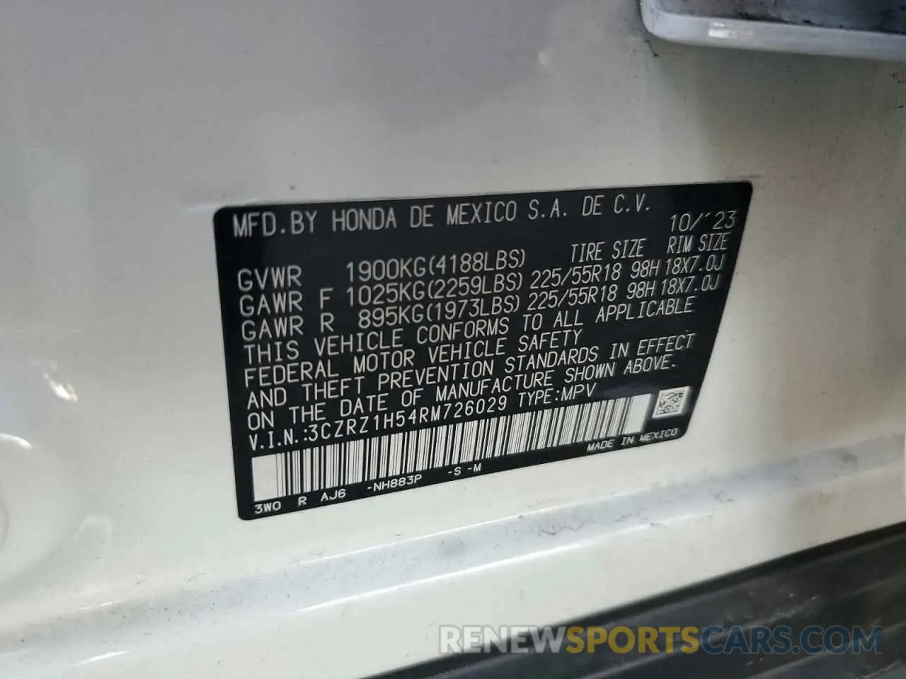 15 fotografías del automóvil dañado 3CZRZ1H54RM726029 HONDA HR-V 2024