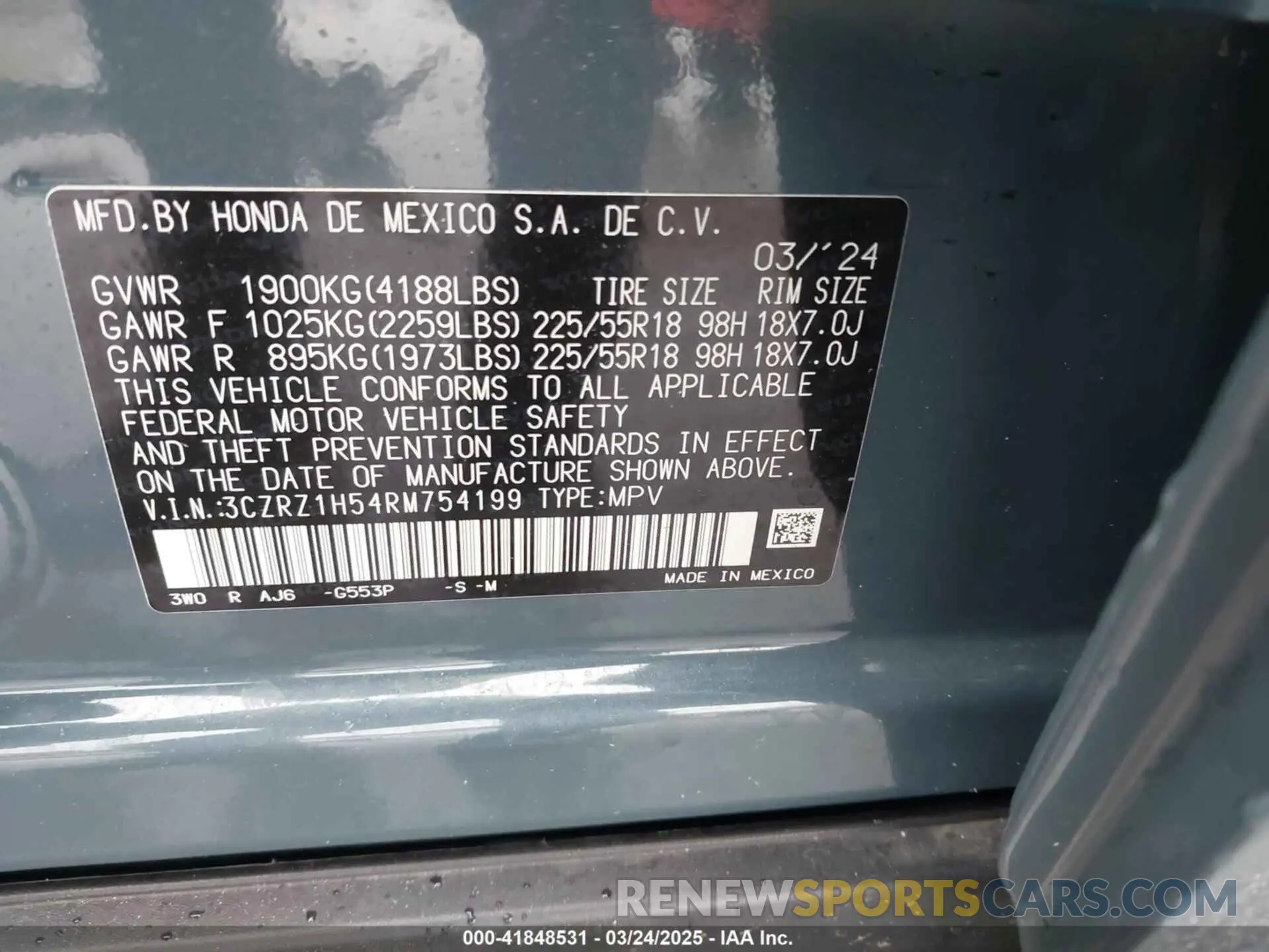 9 fotografías del automóvil dañado 3CZRZ1H54RM754199 HONDA HR-V 2024