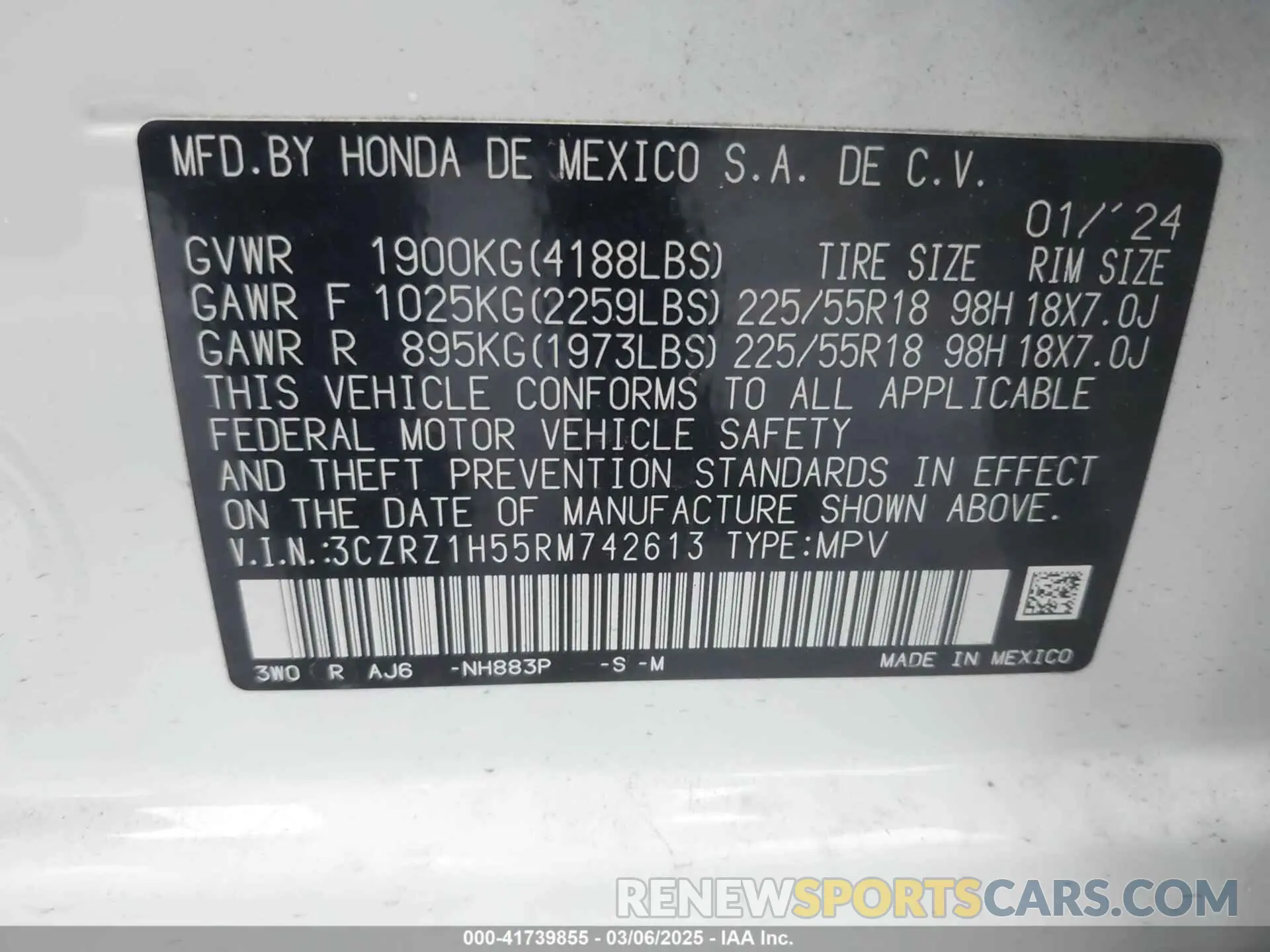 9 fotografías del automóvil dañado 3CZRZ1H55RM742613 HONDA HR-V 2024