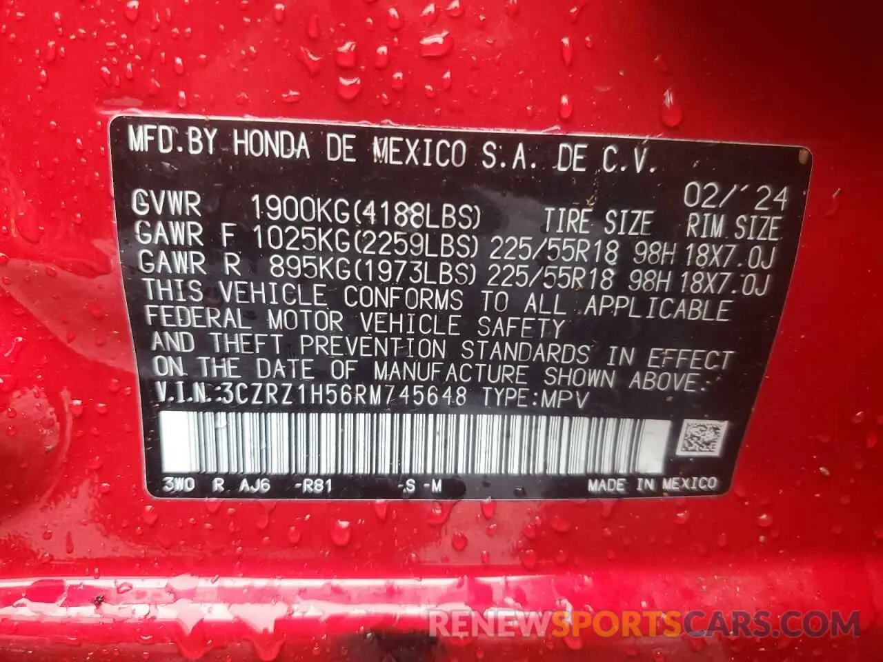 12 fotografías del automóvil dañado 3CZRZ1H56RM745648 HONDA HR-V 2024
