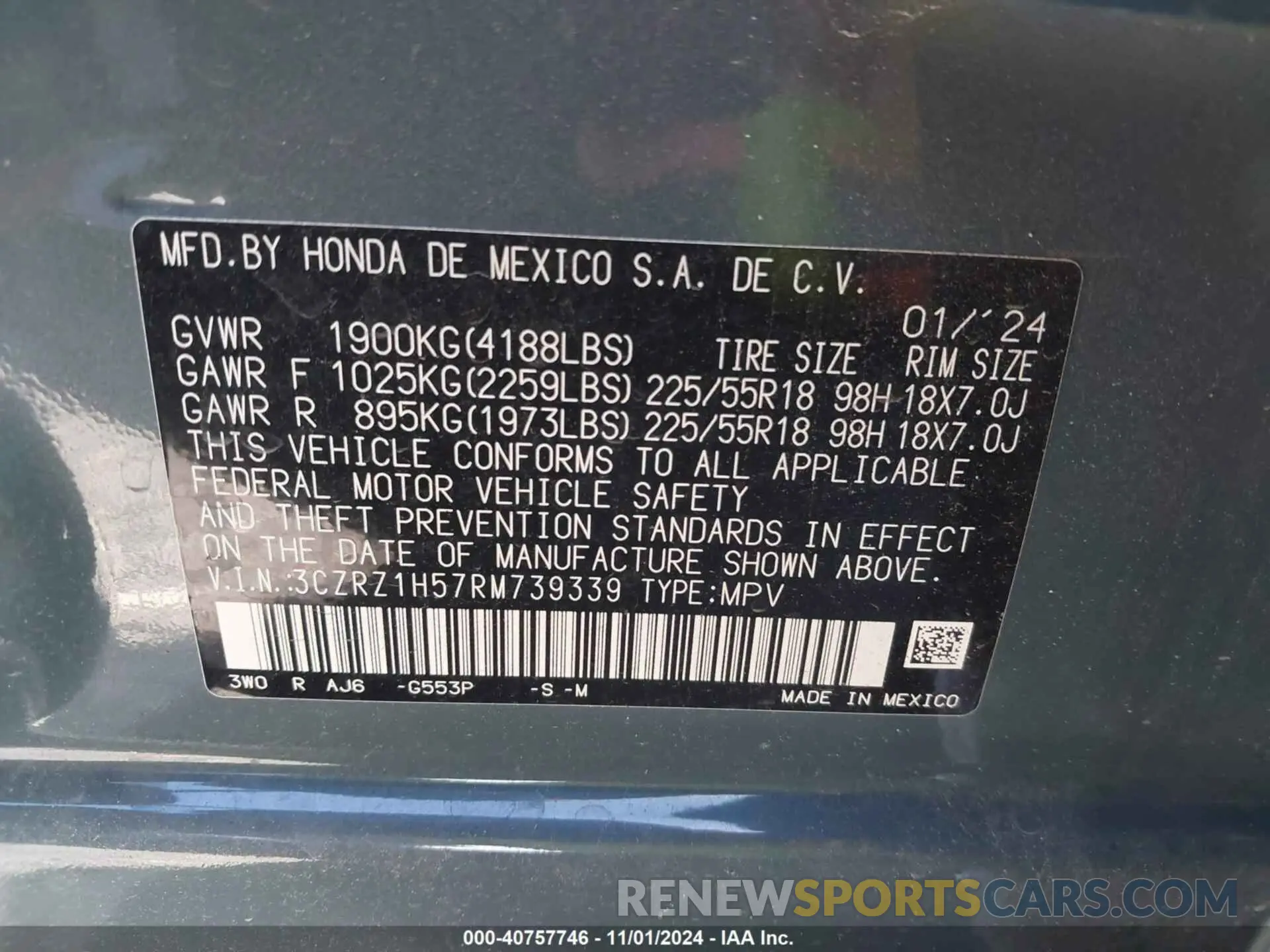 9 fotografías del automóvil dañado 3CZRZ1H57RM739339 HONDA HR-V 2024