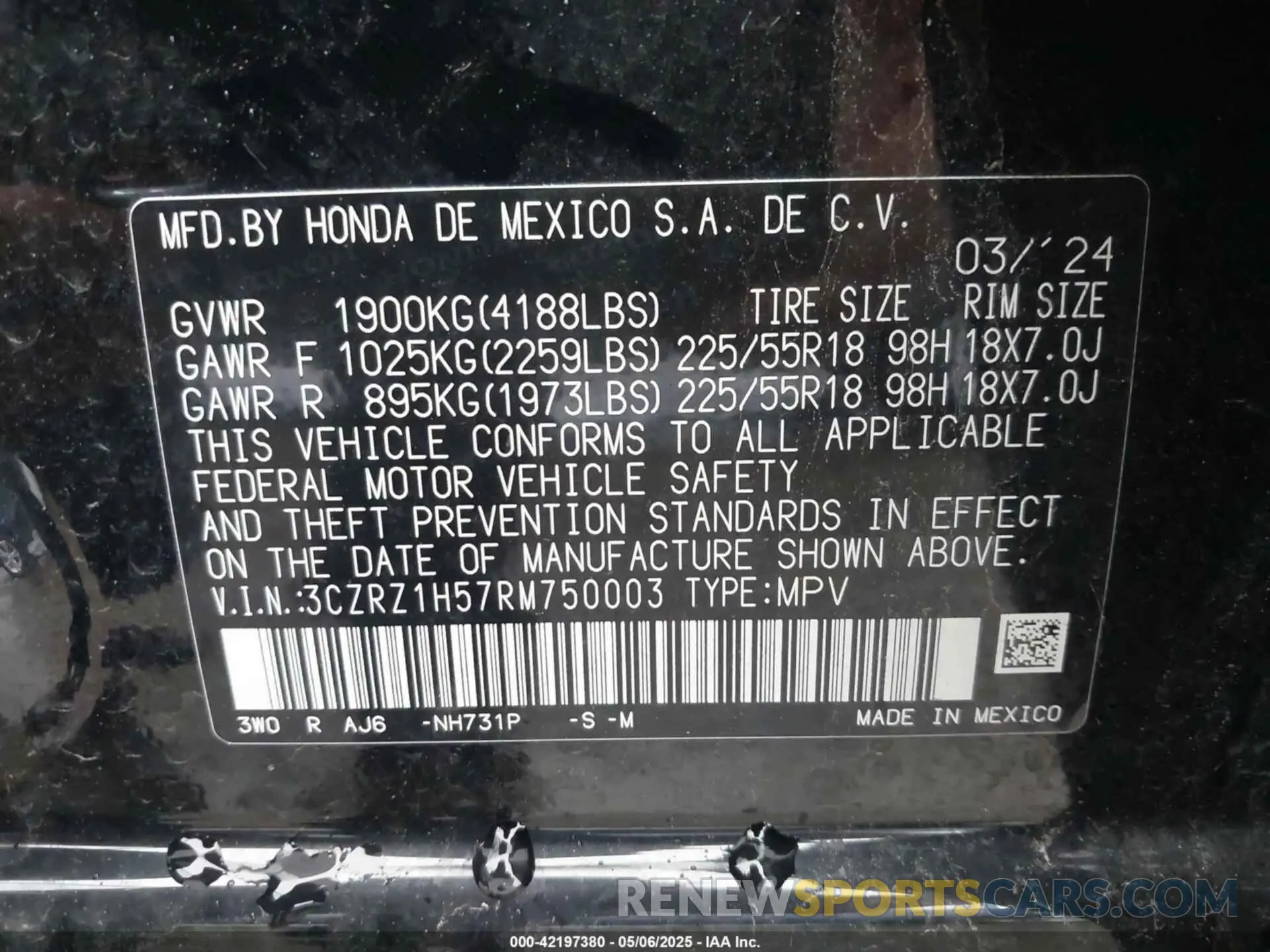9 fotografías del automóvil dañado 3CZRZ1H57RM750003 HONDA HR-V 2024