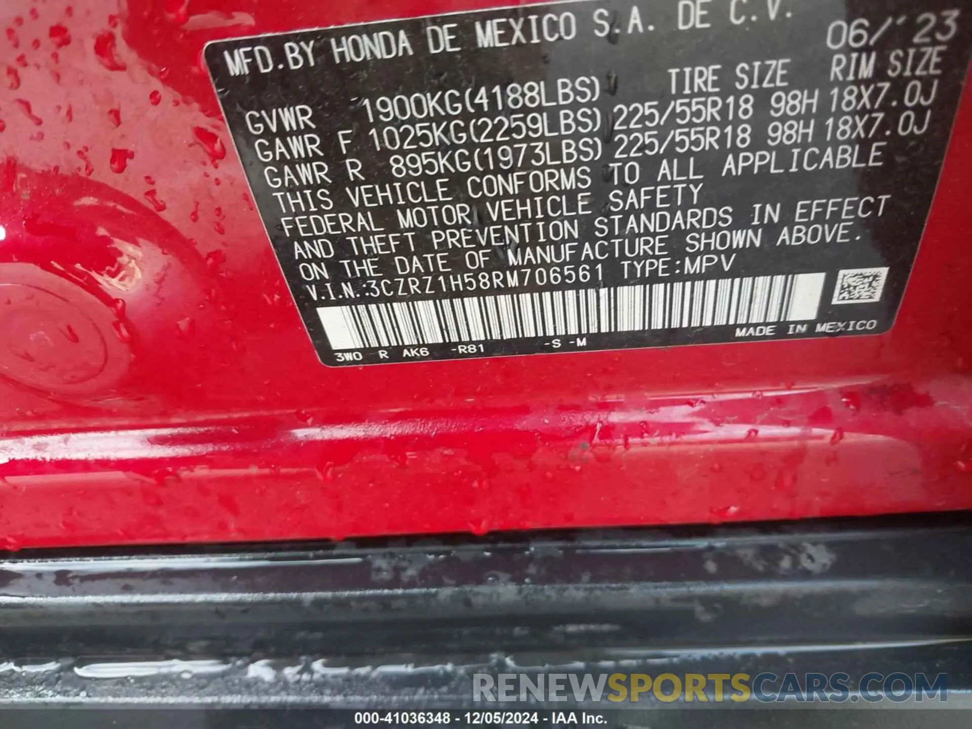 9 fotografías del automóvil dañado 3CZRZ1H58RM706561 HONDA HR-V 2024