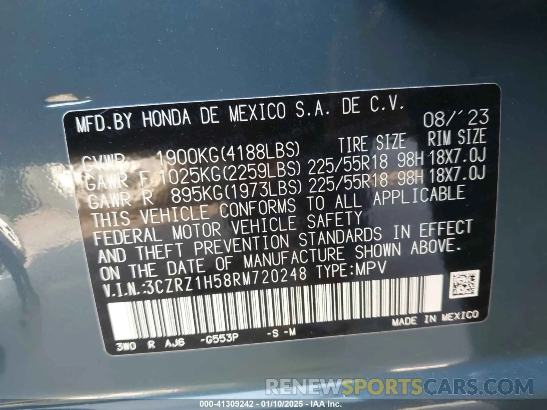 9 fotografías del automóvil dañado 3CZRZ1H58RM720248 HONDA HR-V 2024