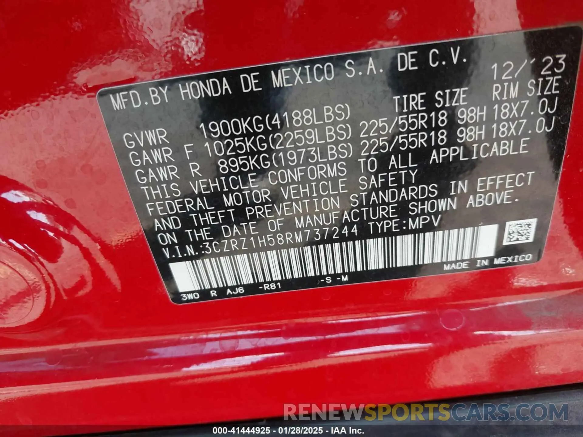 9 fotografías del automóvil dañado 3CZRZ1H58RM737244 HONDA HR-V 2024