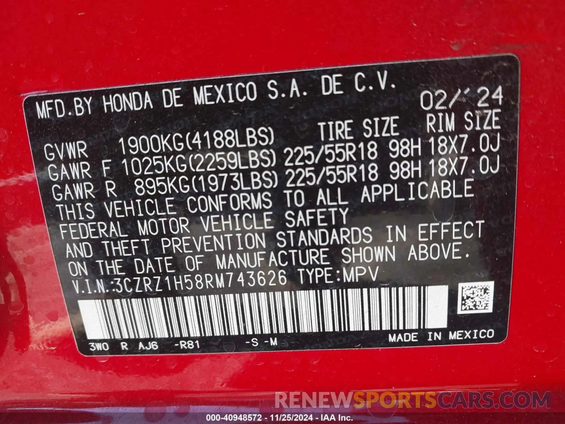 9 fotografías del automóvil dañado 3CZRZ1H58RM743626 HONDA HR-V 2024