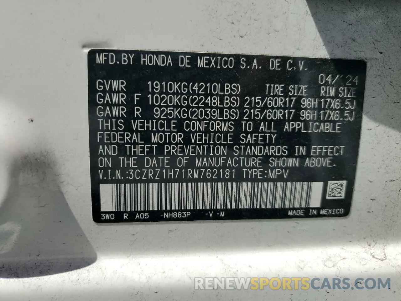 16 fotografías del automóvil dañado 3CZRZ1H71RM762181 HONDA HR-V 2024