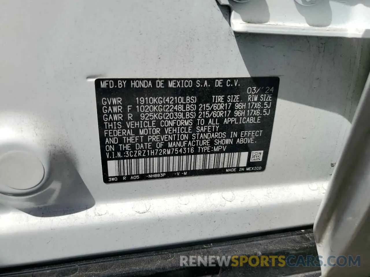13 fotografías del automóvil dañado 3CZRZ1H72RM754316 HONDA HR-V 2024