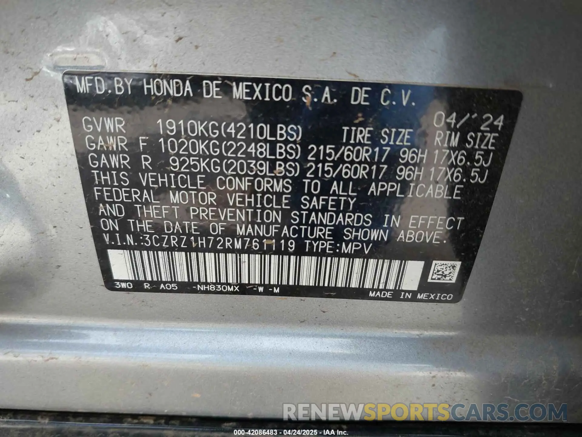 9 fotografías del automóvil dañado 3CZRZ1H72RM761119 HONDA HR-V 2024