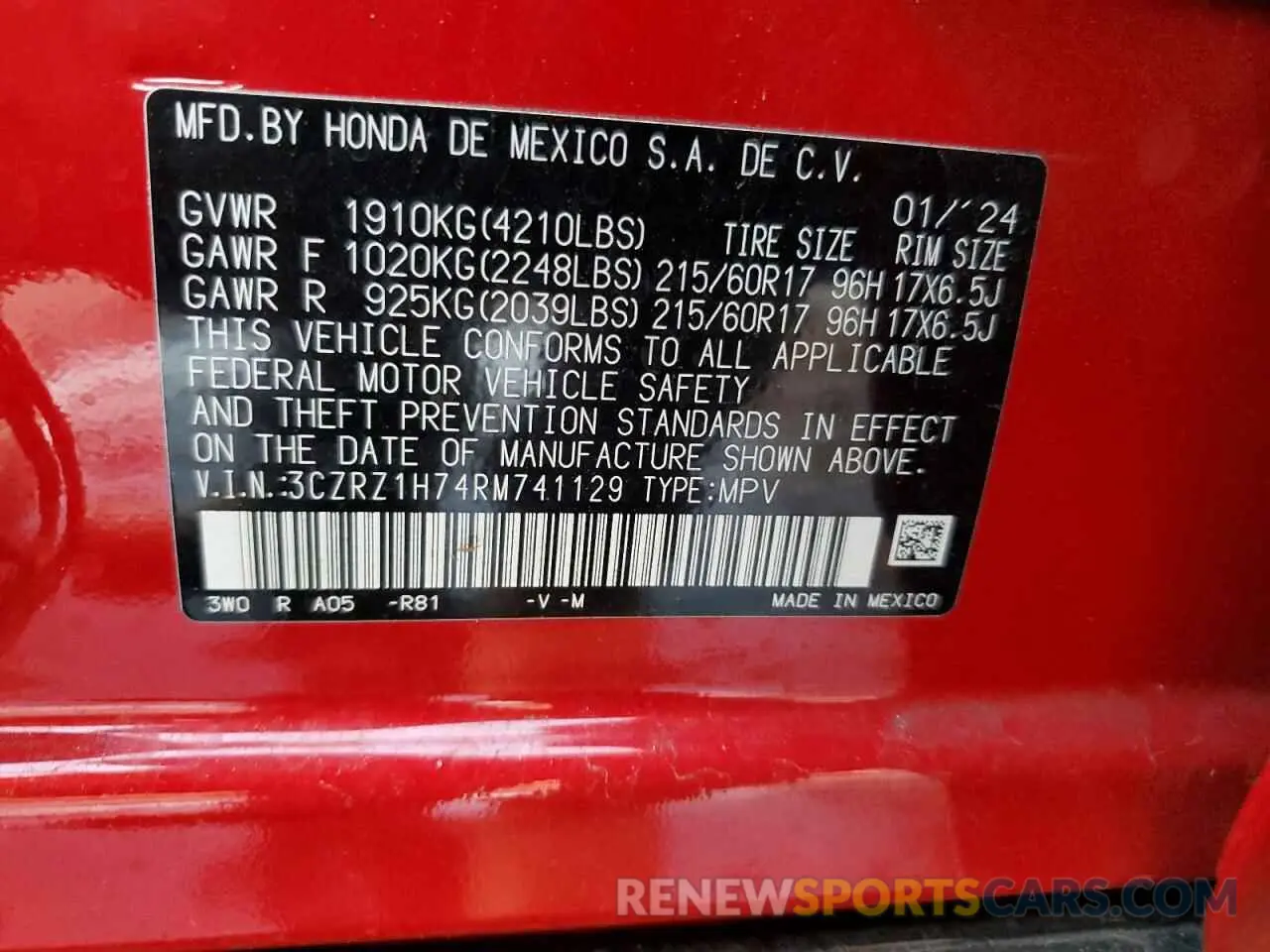 13 fotografías del automóvil dañado 3CZRZ1H74RM741129 HONDA HR-V 2024