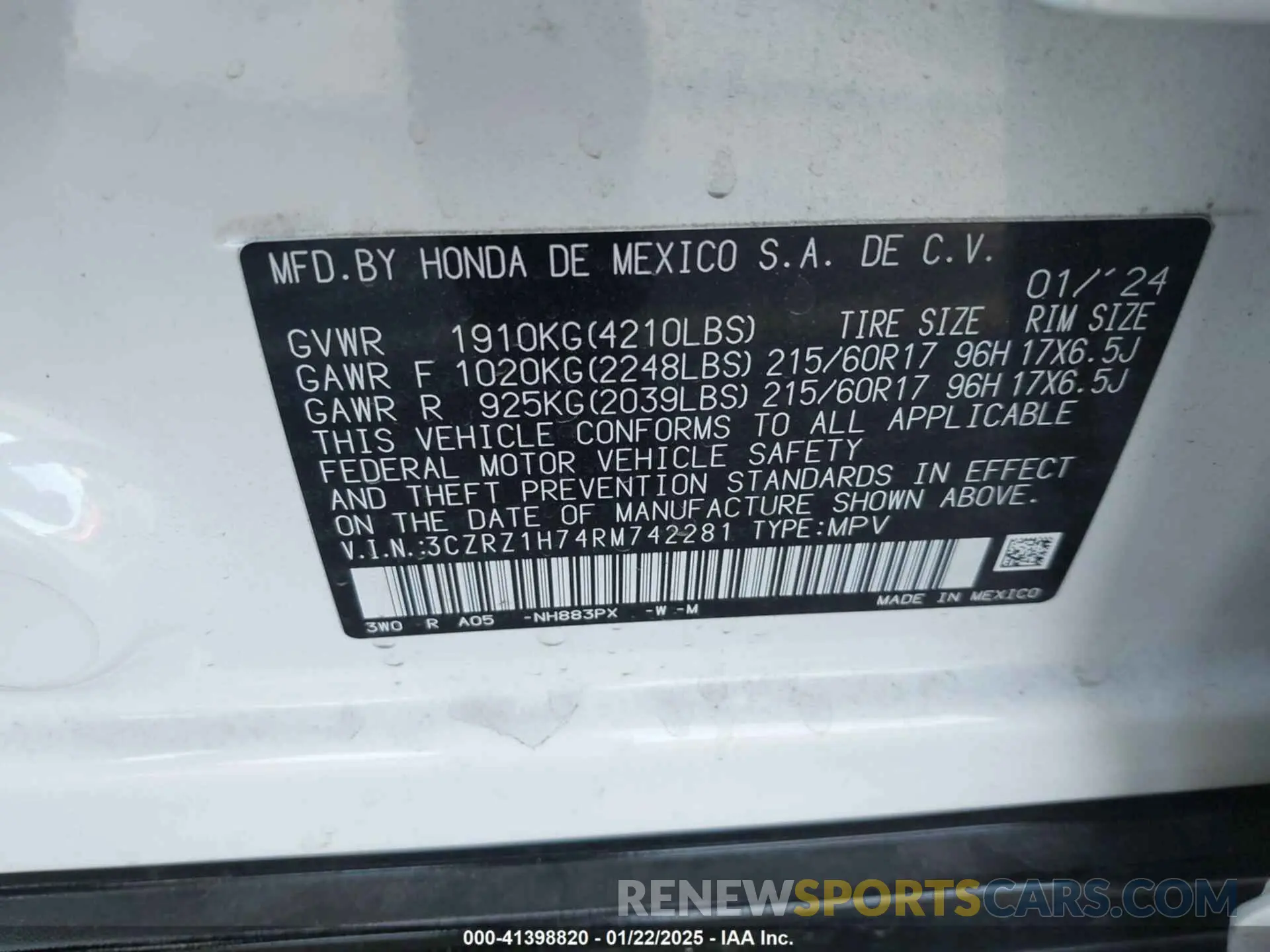 9 fotografías del automóvil dañado 3CZRZ1H74RM742281 HONDA HR-V 2024