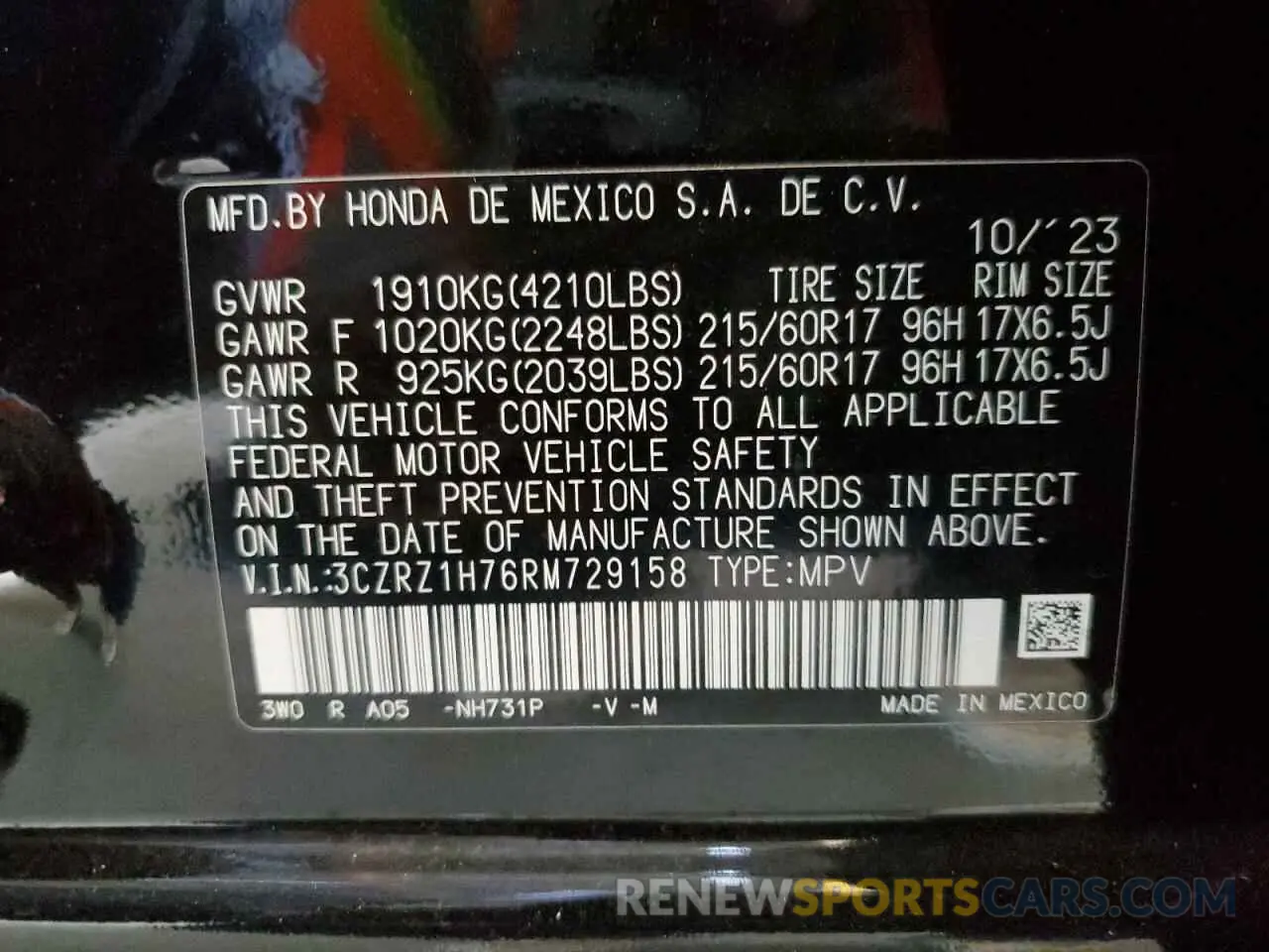 13 fotografías del automóvil dañado 3CZRZ1H76RM729158 HONDA HR-V 2024