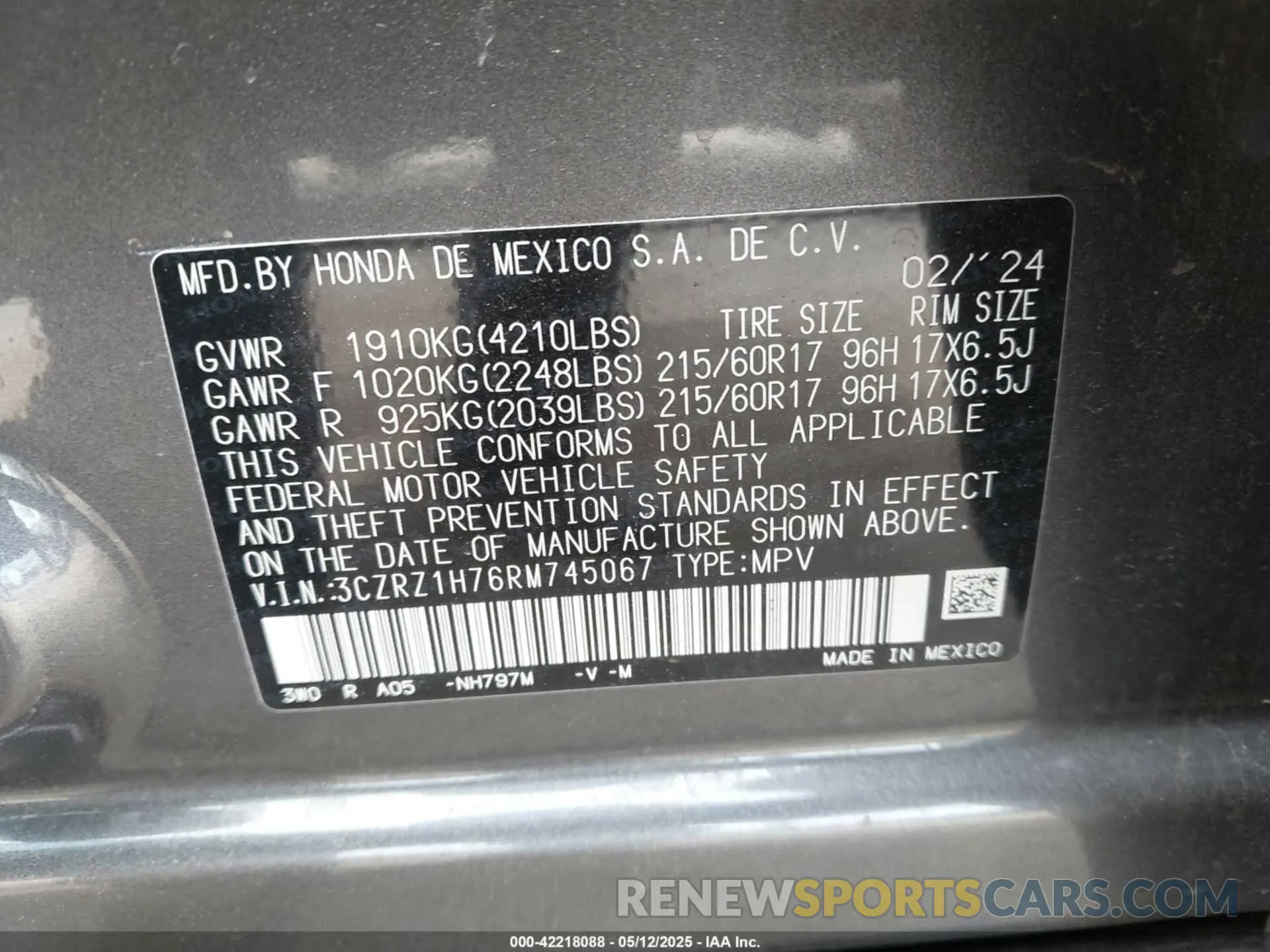 9 fotografías del automóvil dañado 3CZRZ1H76RM745067 HONDA HR-V 2024