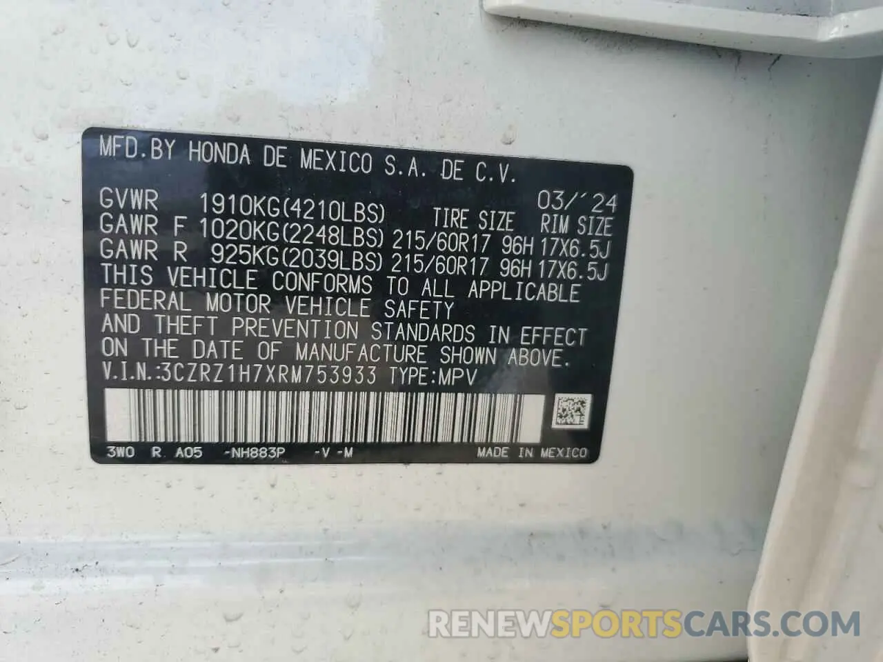 16 fotografías del automóvil dañado 3CZRZ1H7XRM753933 HONDA HR-V 2024