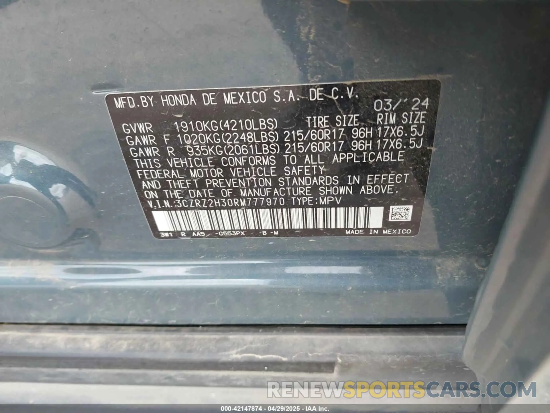 9 fotografías del automóvil dañado 3CZRZ2H30RM777970 HONDA HR-V 2024