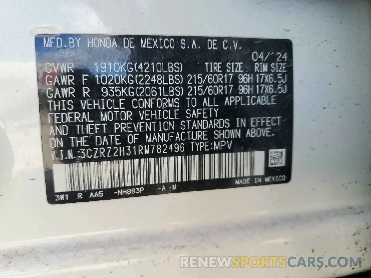 14 fotografías del automóvil dañado 3CZRZ2H31RM782496 HONDA HR-V 2024