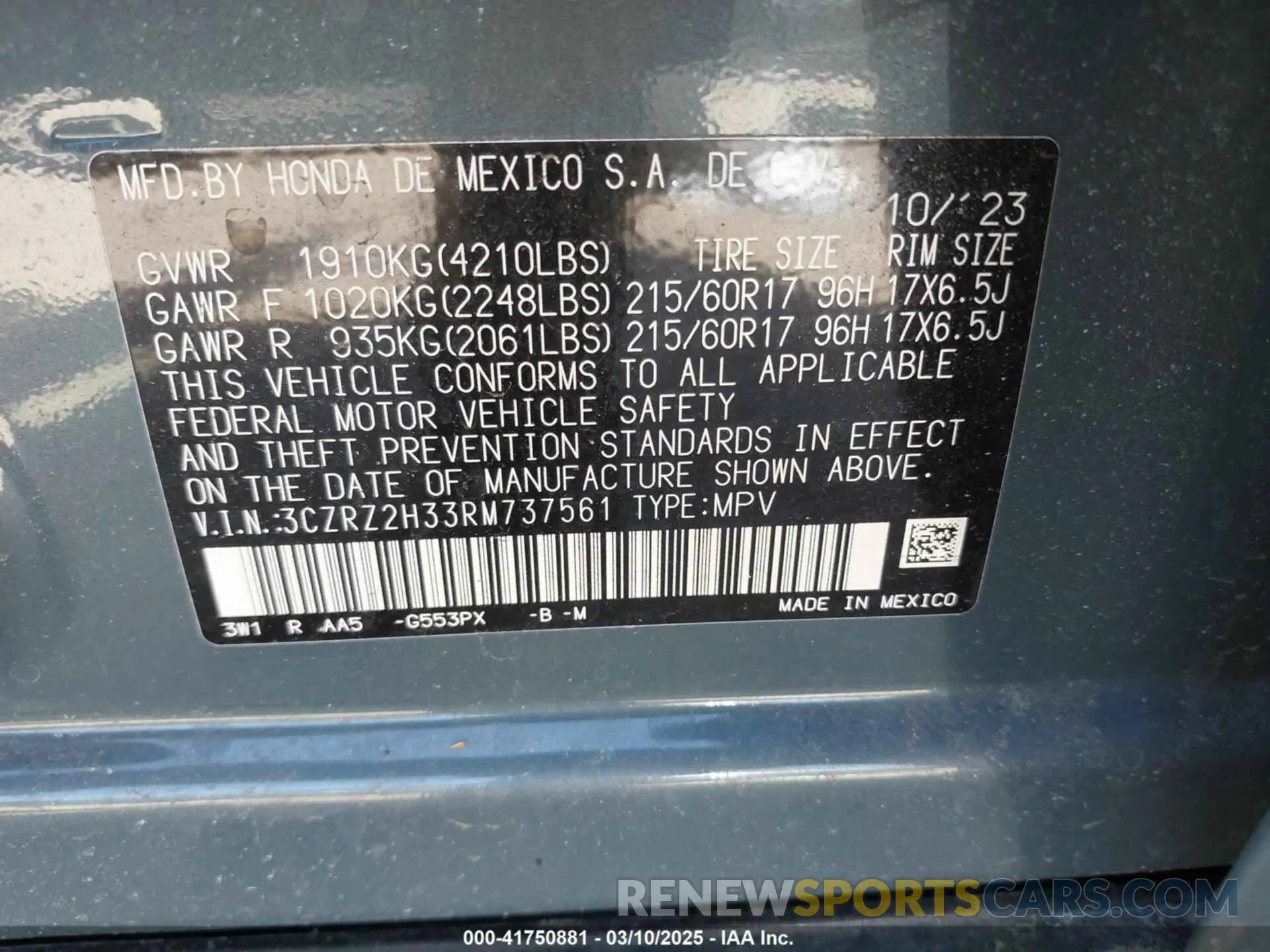 9 fotografías del automóvil dañado 3CZRZ2H33RM737561 HONDA HR-V 2024