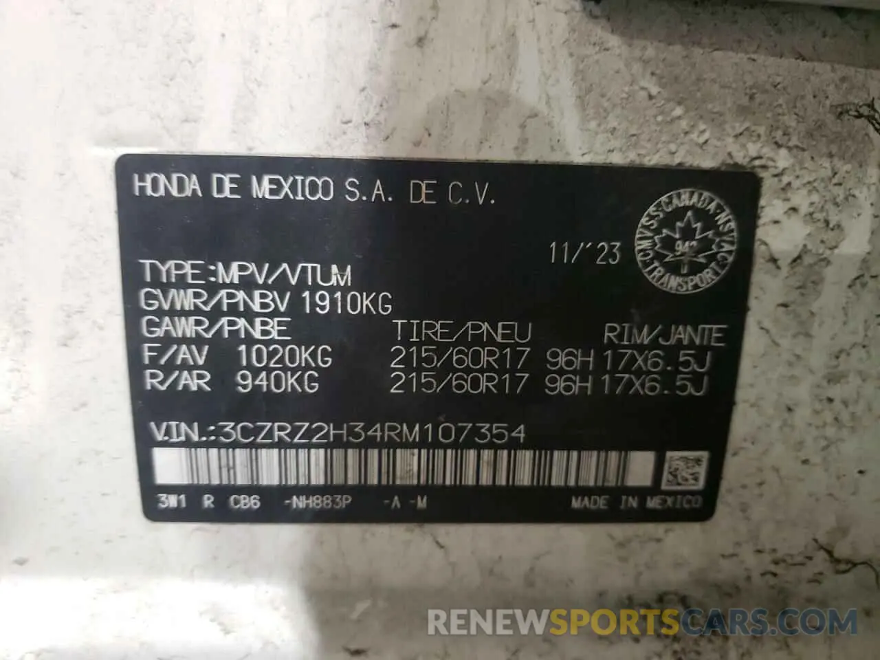 12 fotografías del automóvil dañado 3CZRZ2H34RM107354 HONDA HR-V 2024