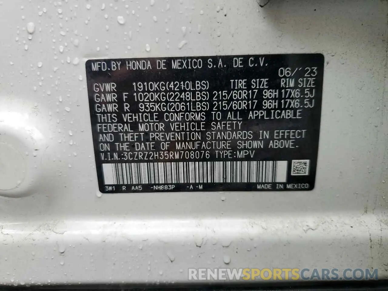 13 fotografías del automóvil dañado 3CZRZ2H35RM708076 HONDA HR-V 2024