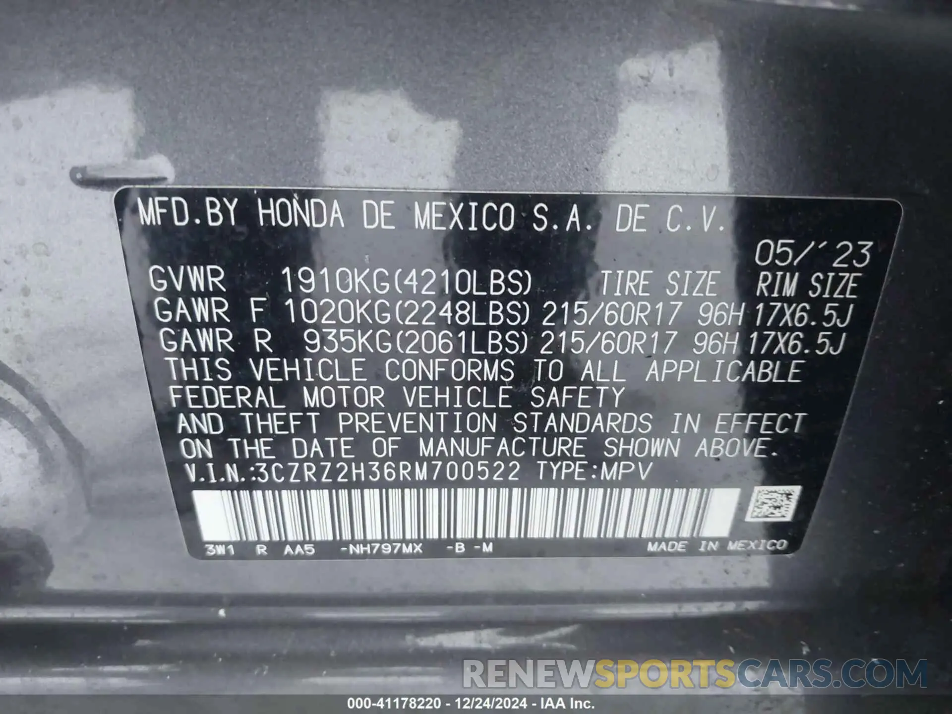 9 fotografías del automóvil dañado 3CZRZ2H36RM700522 HONDA HR-V 2024
