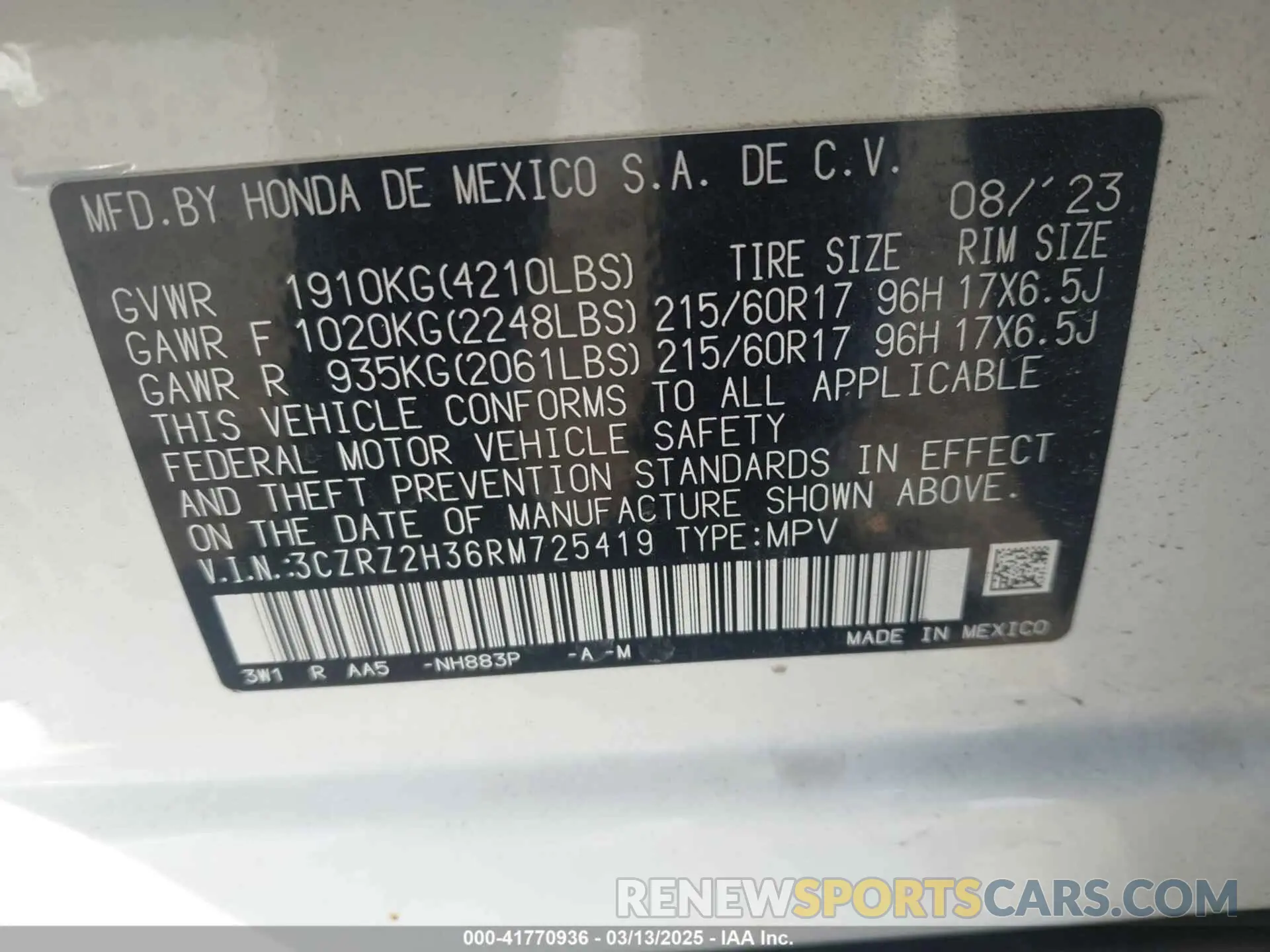 9 fotografías del automóvil dañado 3CZRZ2H36RM725419 HONDA HR-V 2024