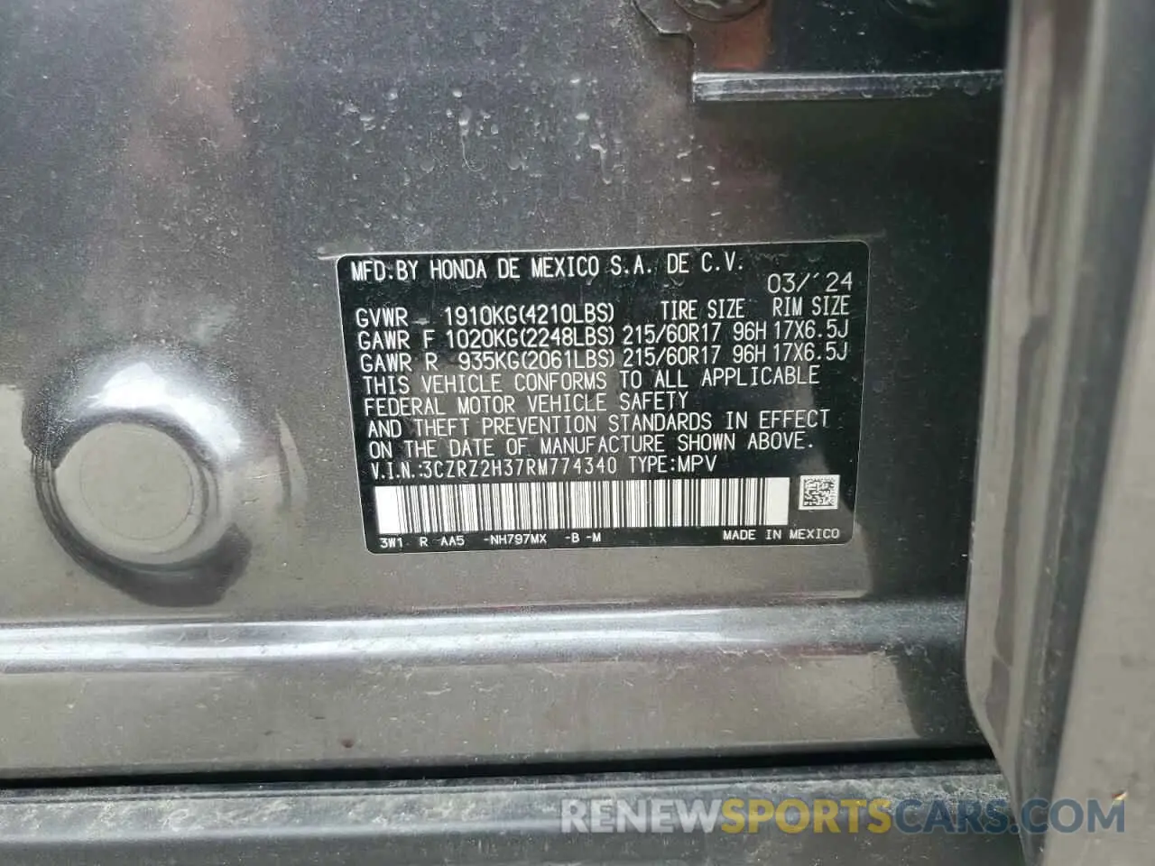 13 fotografías del automóvil dañado 3CZRZ2H37RM774340 HONDA HR-V 2024