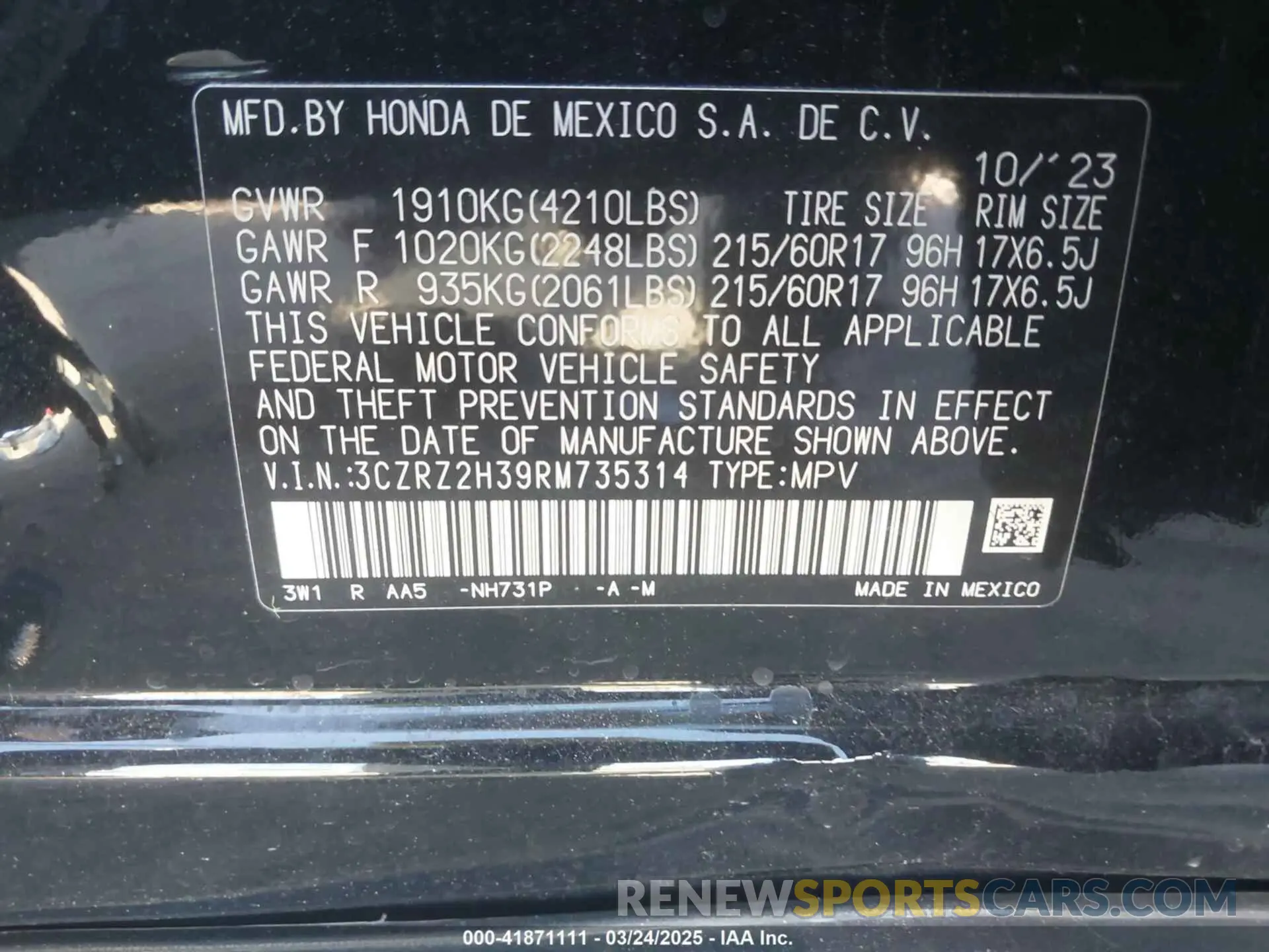 9 fotografías del automóvil dañado 3CZRZ2H39RM735314 HONDA HR-V 2024