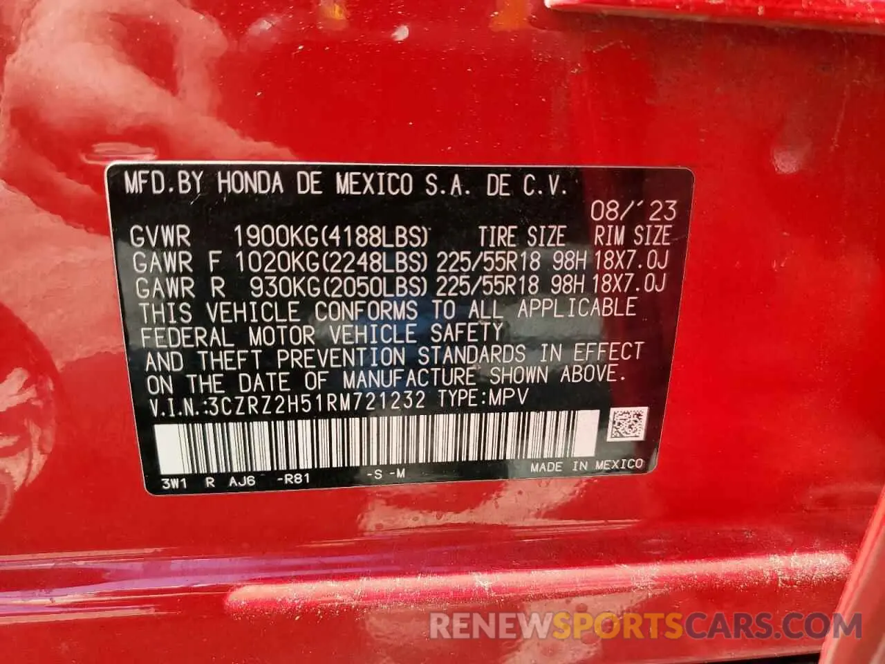 13 fotografías del automóvil dañado 3CZRZ2H51RM721232 HONDA HR-V 2024