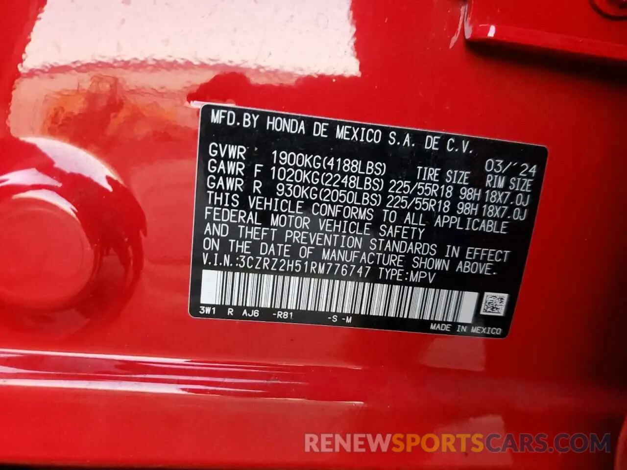 13 fotografías del automóvil dañado 3CZRZ2H51RM776747 HONDA HR-V 2024