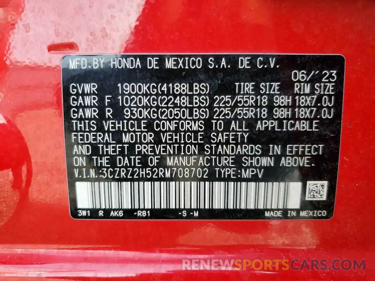 13 fotografías del automóvil dañado 3CZRZ2H52RM708702 HONDA HR-V 2024