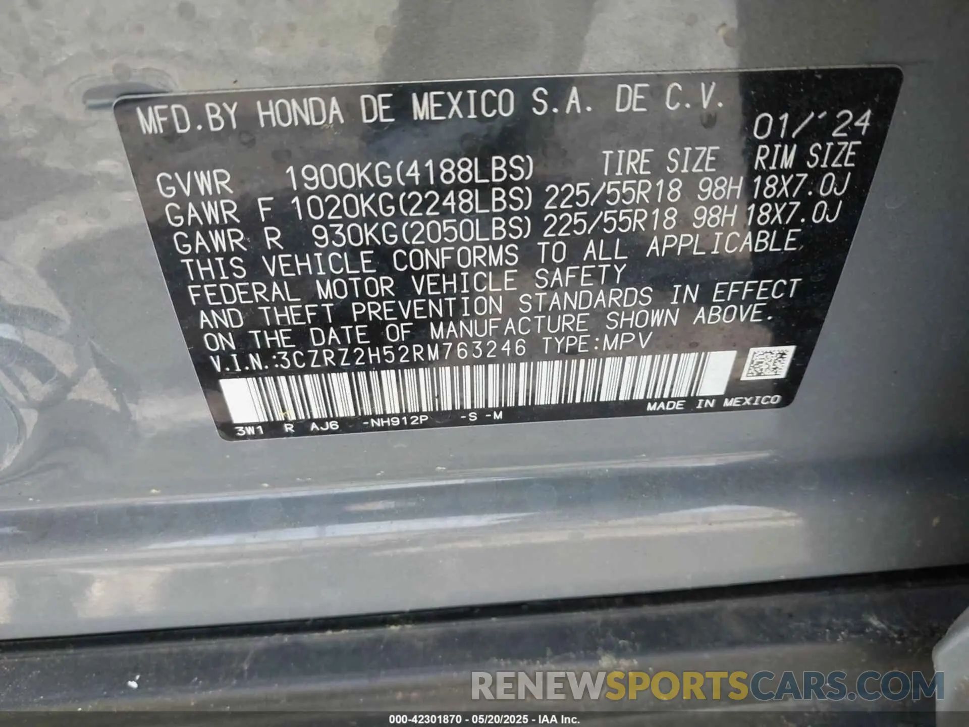 9 fotografías del automóvil dañado 3CZRZ2H52RM763246 HONDA HR-V 2024
