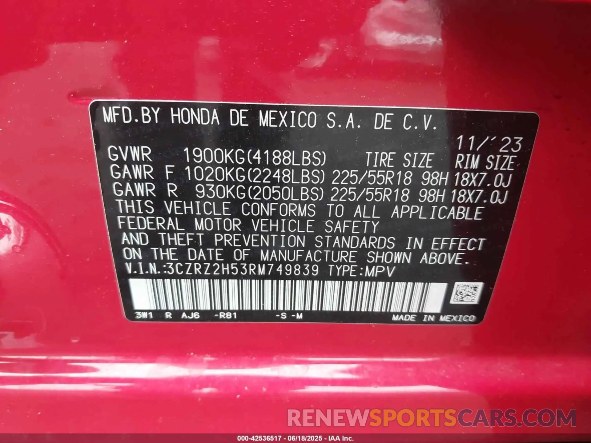 9 fotografías del automóvil dañado 3CZRZ2H53RM749839 HONDA HR-V 2024
