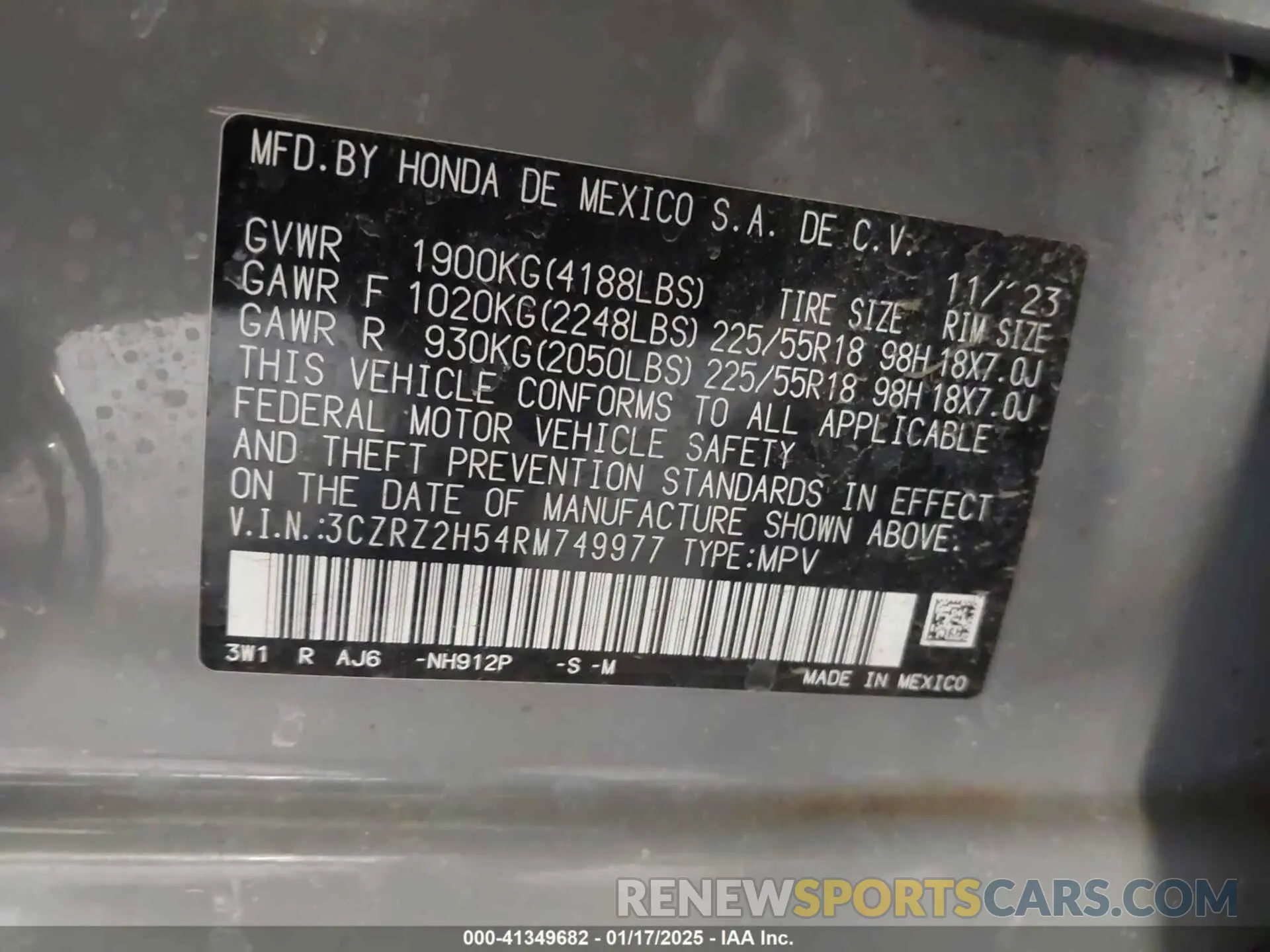 9 fotografías del automóvil dañado 3CZRZ2H54RM749977 HONDA HR-V 2024