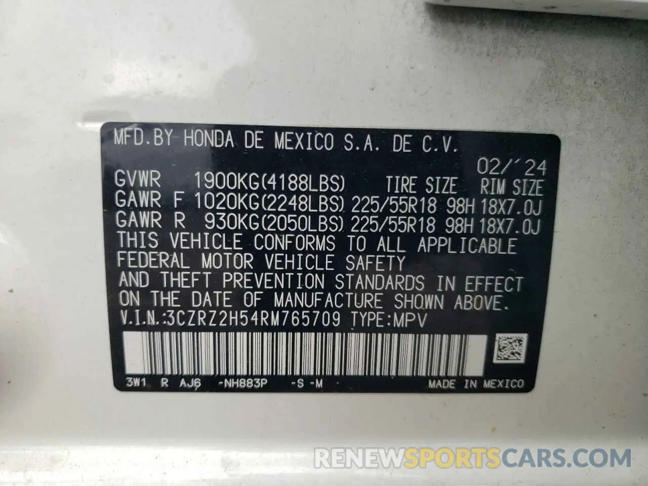 14 fotografías del automóvil dañado 3CZRZ2H54RM765709 HONDA HR-V 2024