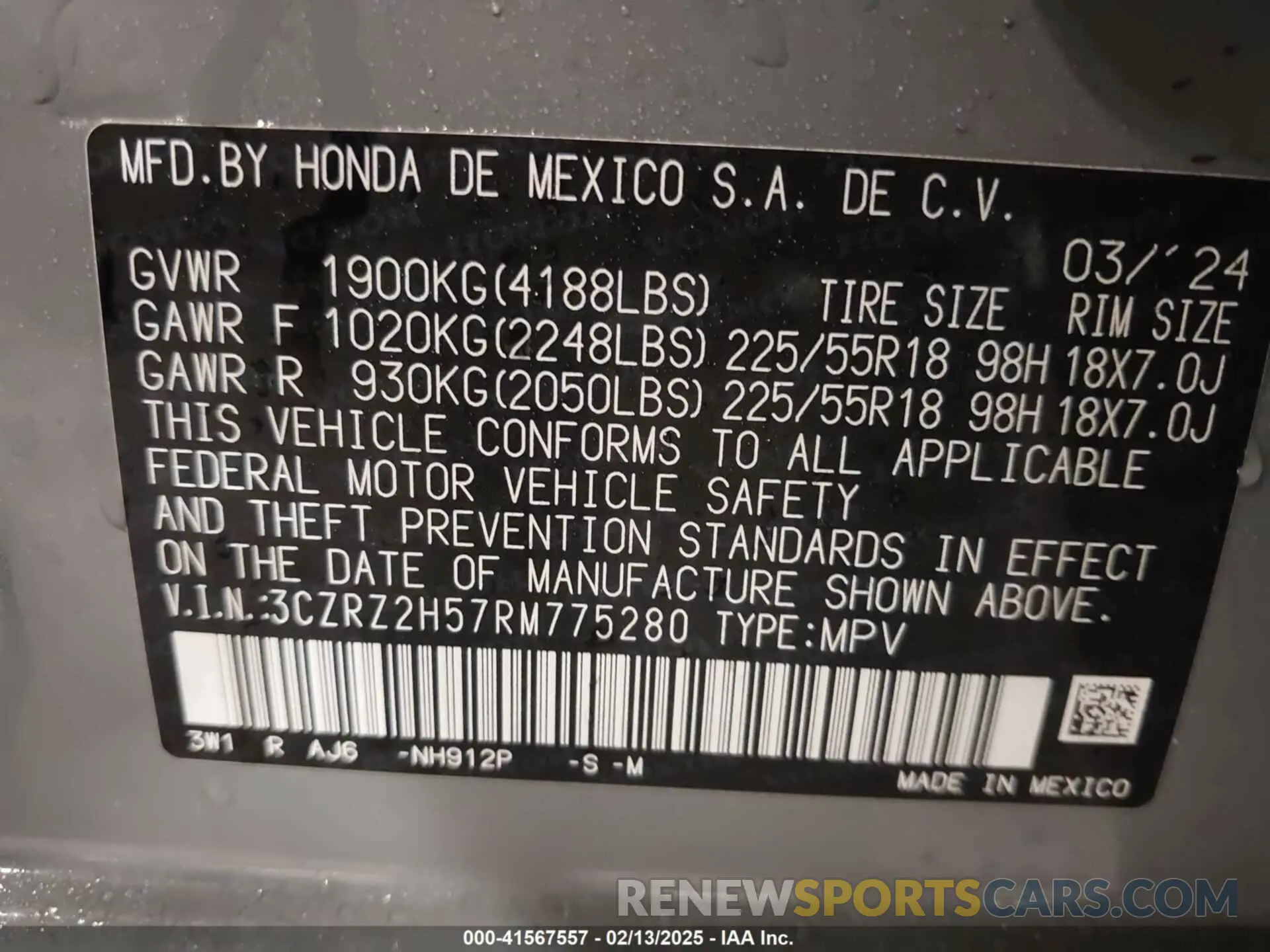 9 fotografías del automóvil dañado 3CZRZ2H57RM775280 HONDA HR-V 2024
