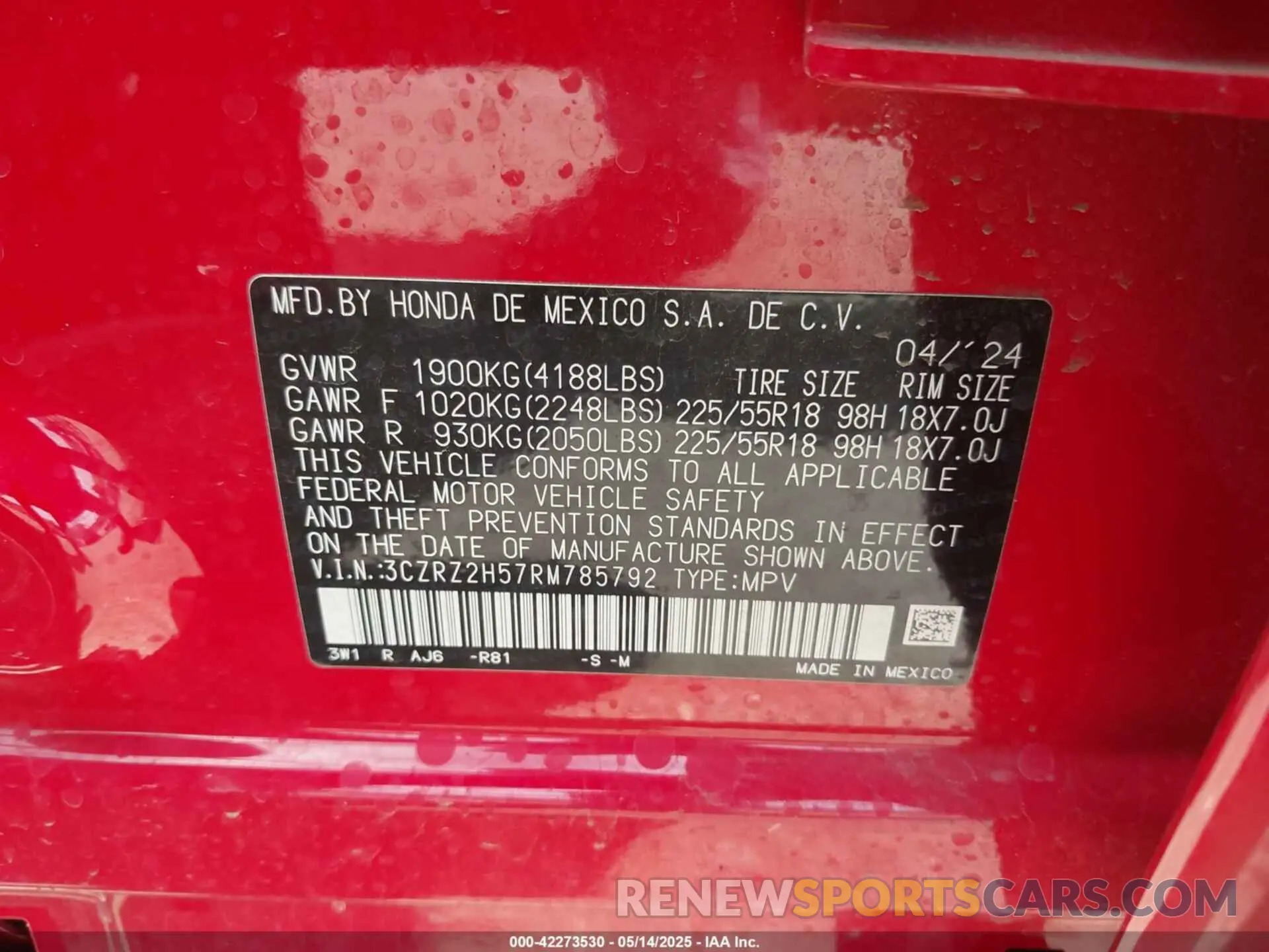 9 fotografías del automóvil dañado 3CZRZ2H57RM785792 HONDA HR-V 2024