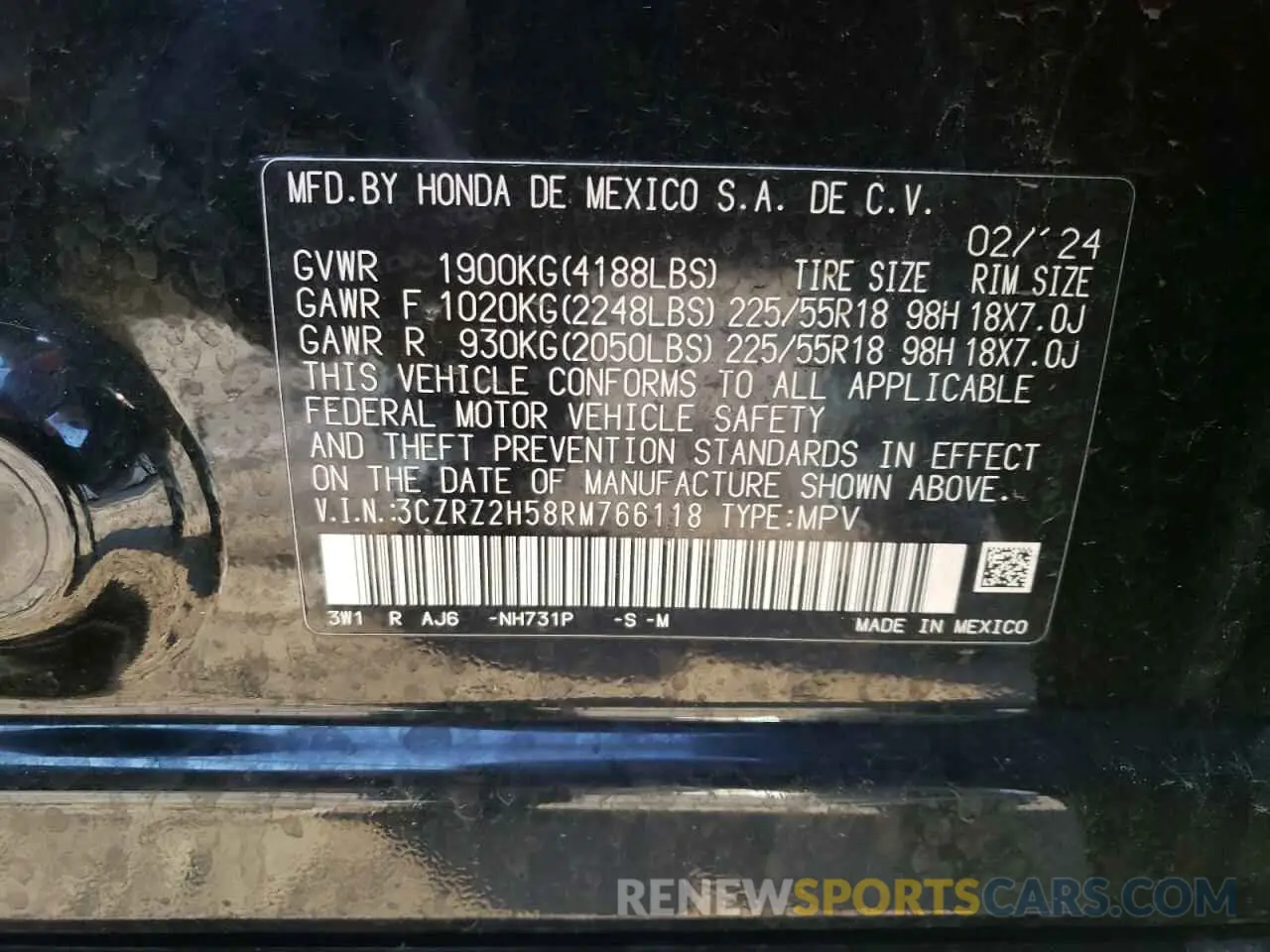14 fotografías del automóvil dañado 3CZRZ2H58RM766118 HONDA HR-V 2024